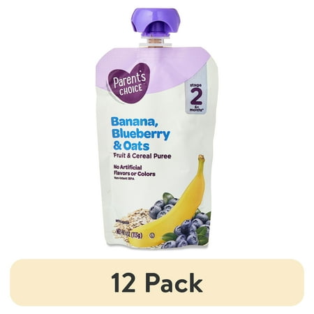 (12 pack) Parent's Choice Stage 2, Banana Blueberry Oats, 4 oz Pouch