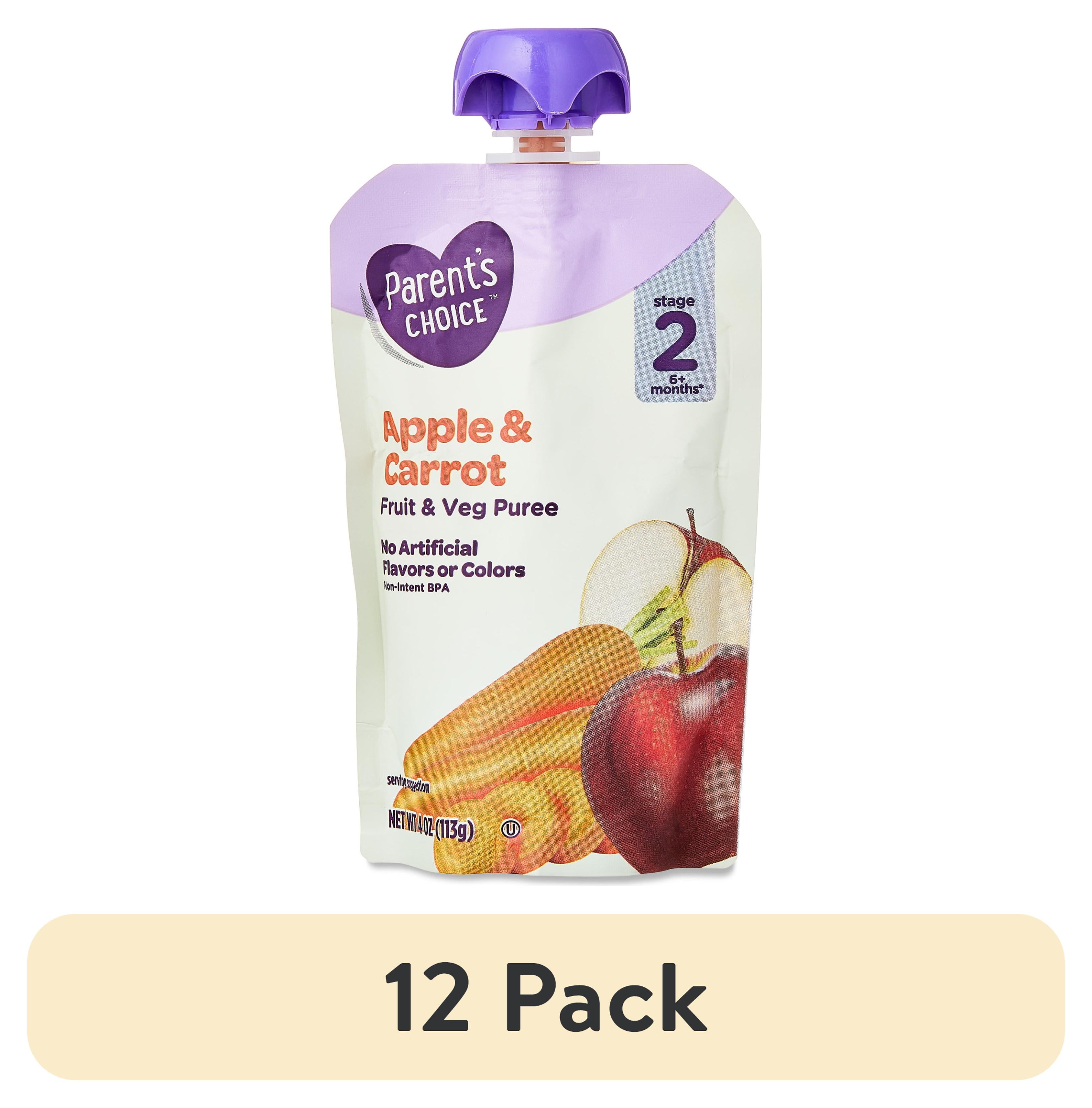 (12 pack) Parent's Choice Stage 2 Baby Food Apple and Carrot Puree, 4 oz Pouch