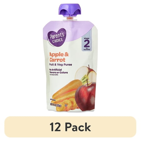 (12 pack) Parent's Choice Stage 2 Baby Food Apple and Carrot Puree, 4 oz Pouch