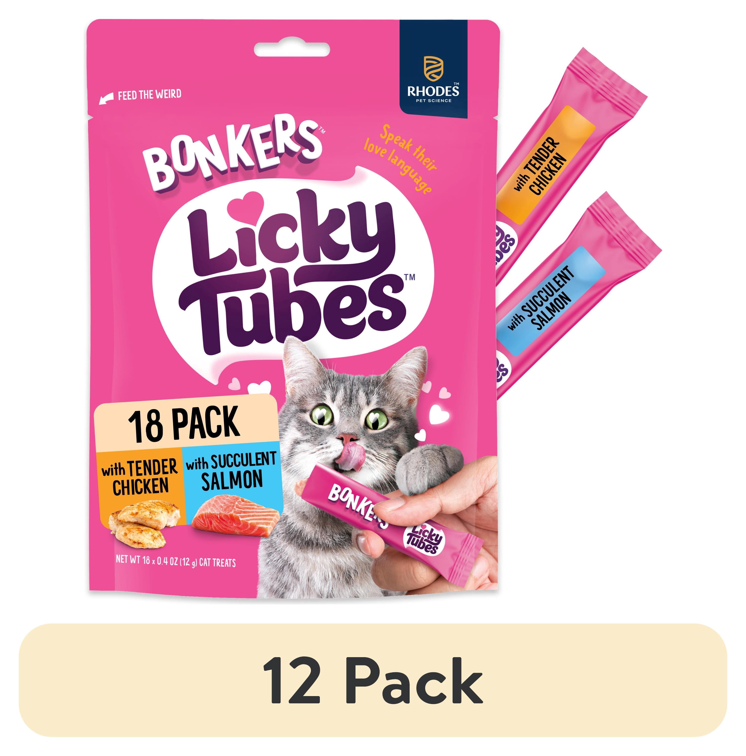 (12 pack) BONKERS Licky Tubes Chicken & Salmon Flavoured Wet Lickable Treats Treats for Cats, 18 Pack