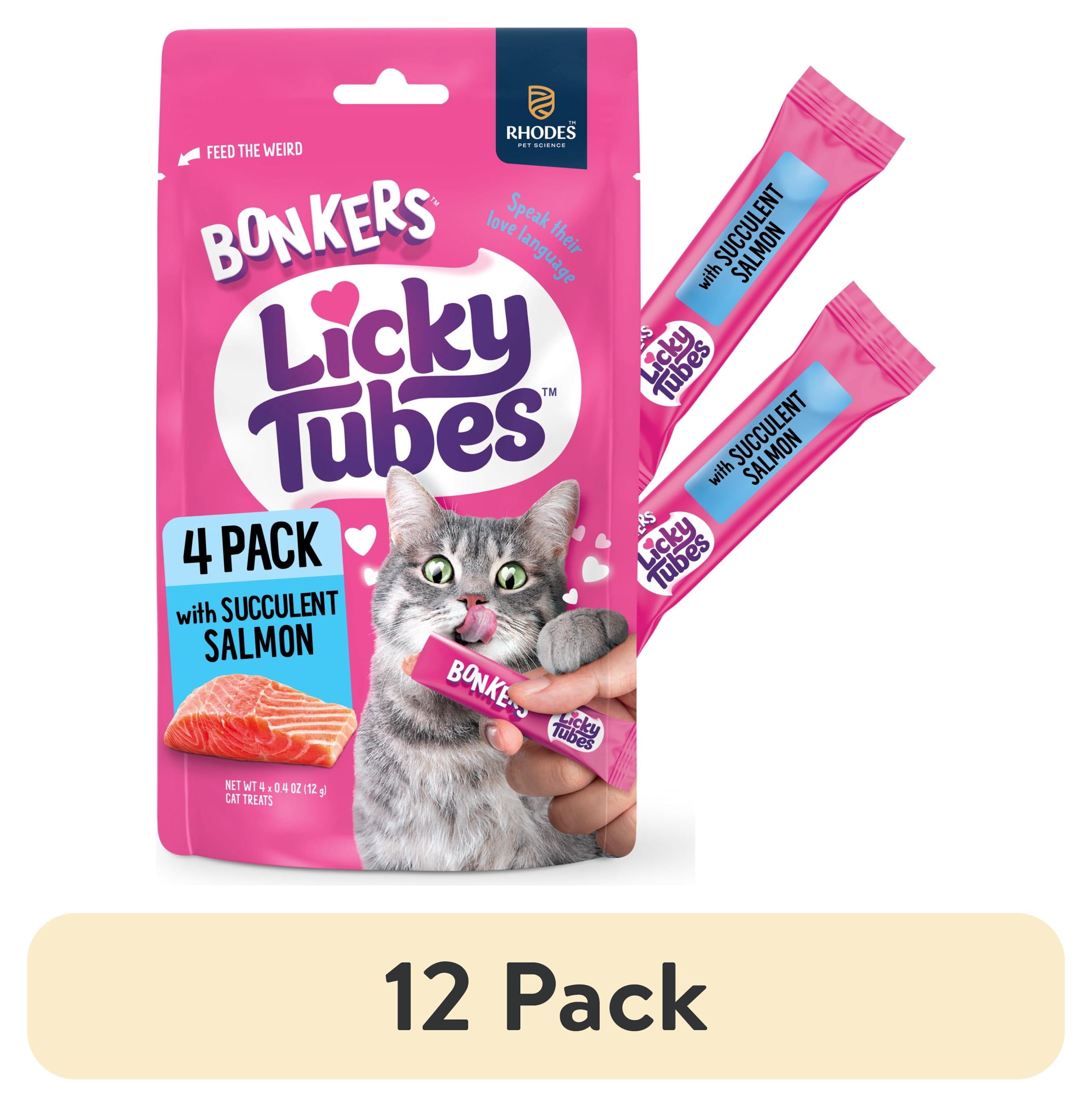 (12 pack) BONKERS Licky Tubes Salmon Flavored Wet Lickable Treats for Cats, 4 Pack