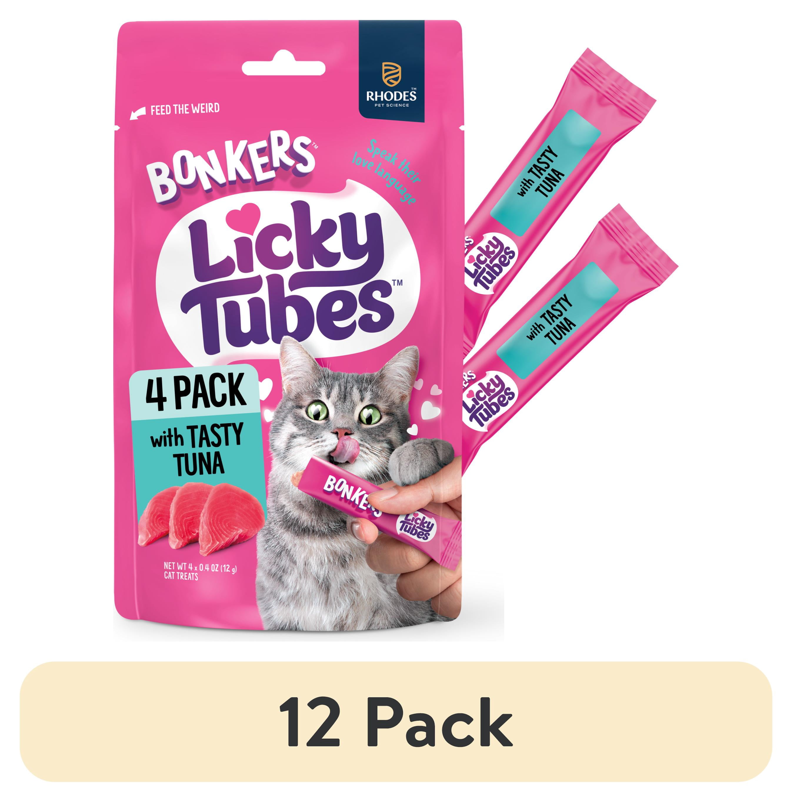 (12 pack) BONKERS Licky Tubes Tuna Flavored Wet Lickable Treats for Cats, 4 Pack