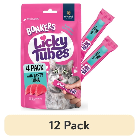 (12 pack) BONKERS Licky Tubes Tuna Flavored Wet Lickable Treats for Cats, 4 Pack