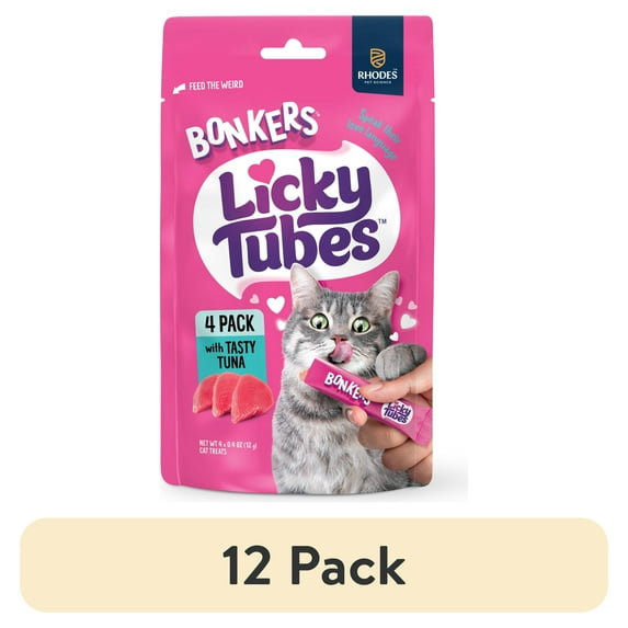 (12 pack) BONKERS Licky Tubes Tuna Flavored Wet Lickable Treats for Cats, 4 Pack