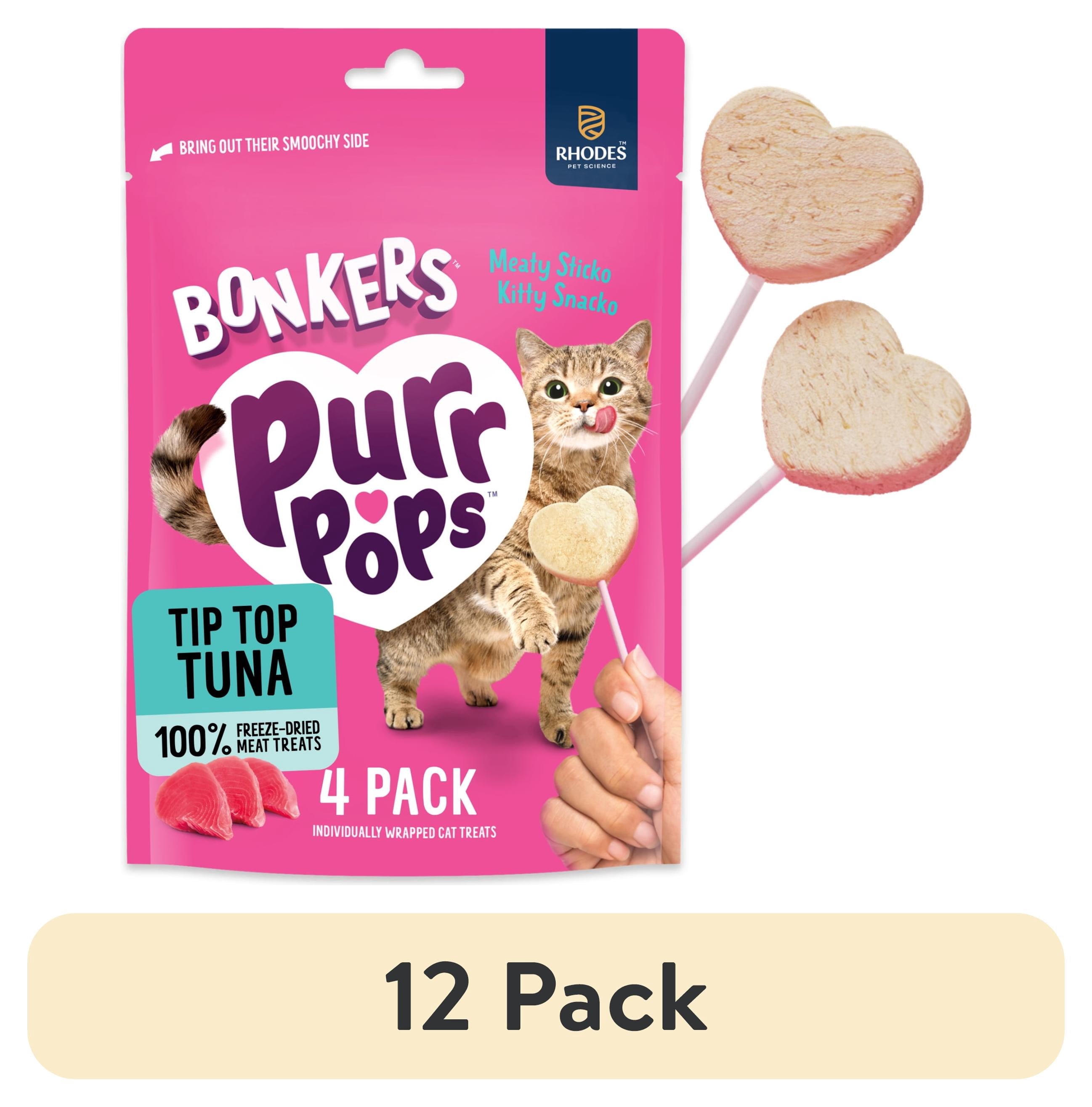 (12 pack) BONKERS Purrpops, Freeze Dried Tuna Flavored Lollipop Cat Treats, 4 Pieces