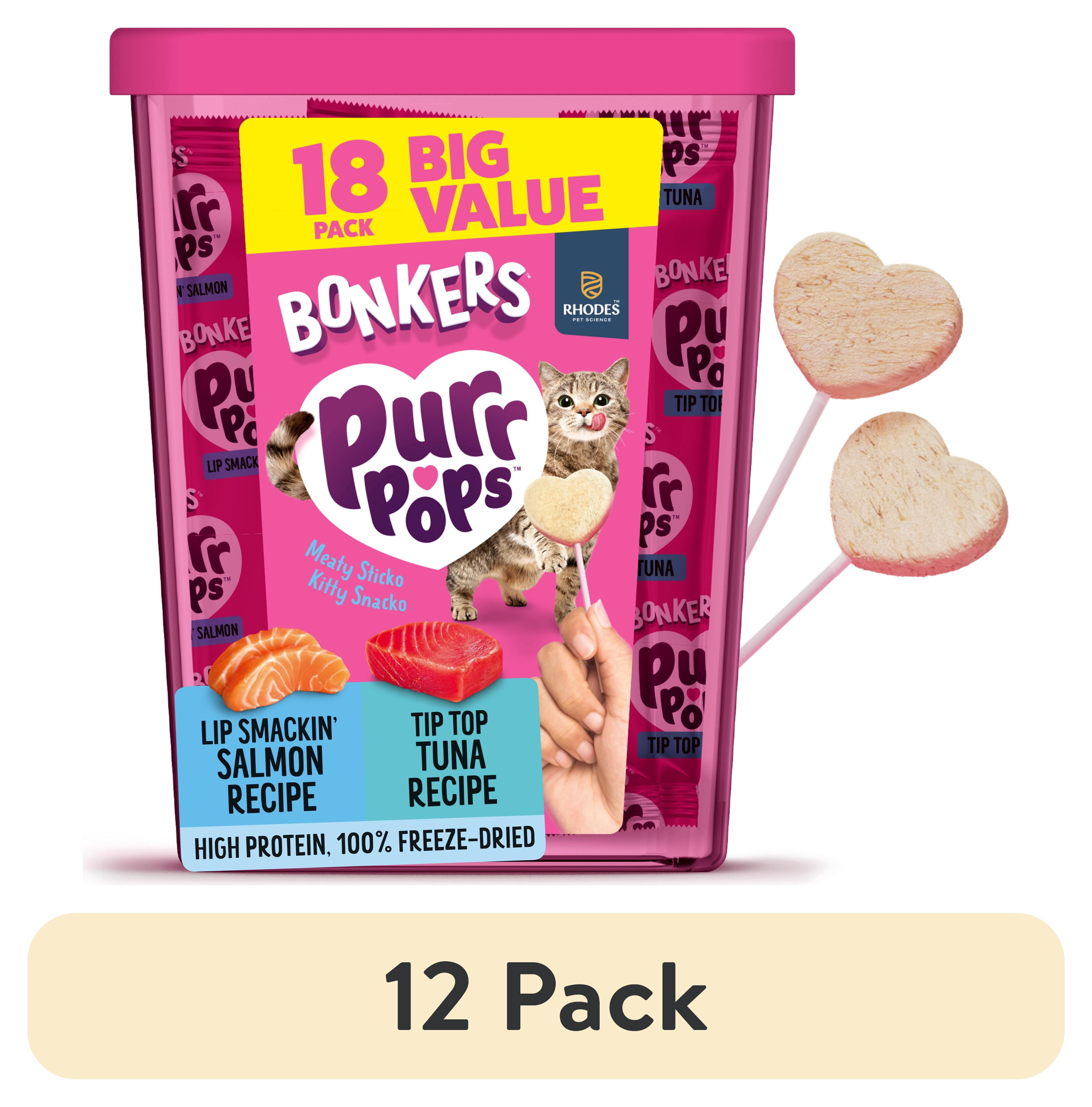 (12 pack) BONKERS Purrpops, Freeze Dried Tuna & Dried Salmon Lollipops Cat Treats, 18 Pieces