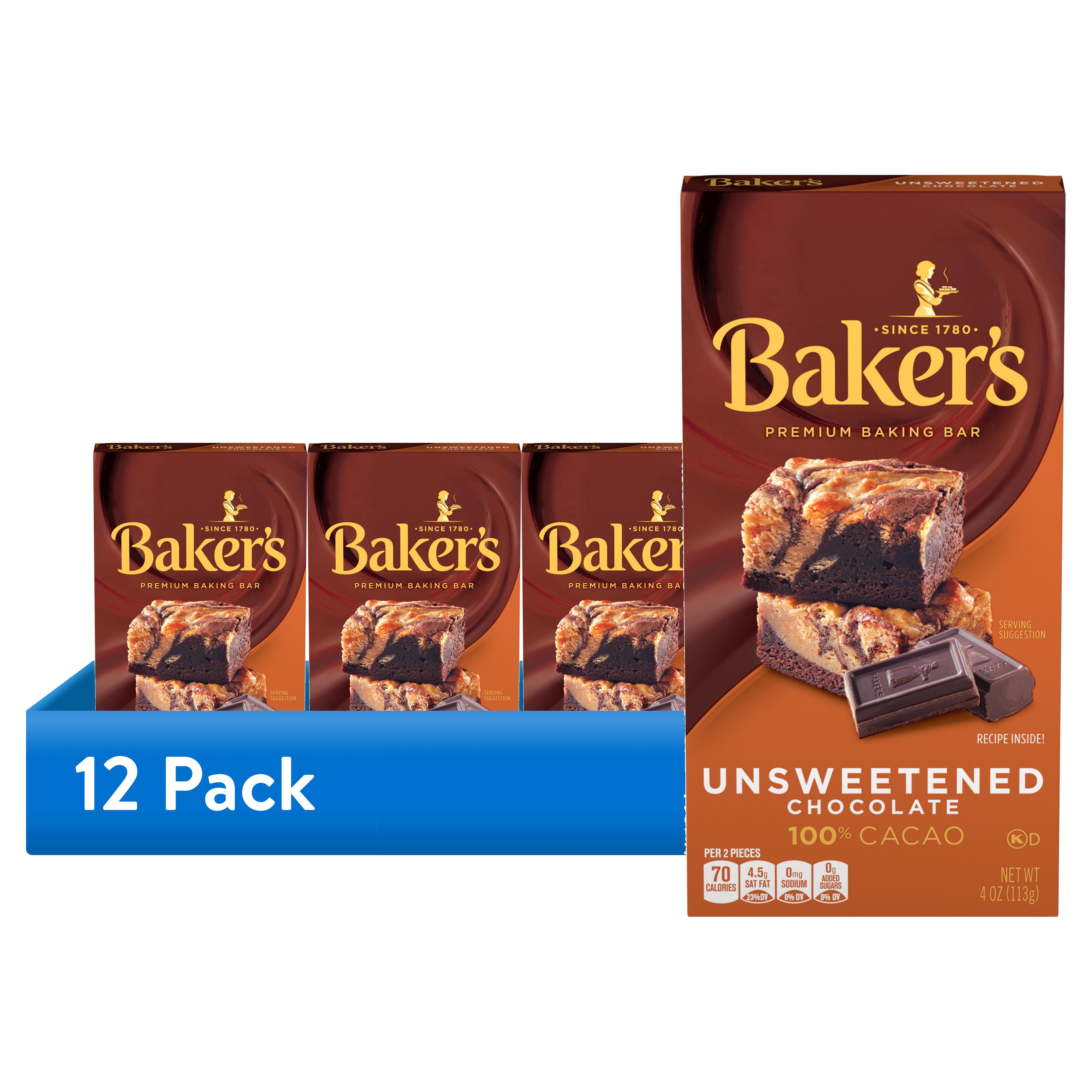 (12 pack) Baker's Unsweetened Chocolate Premium Baking Bar with 100 % Cacao, 4 oz Box