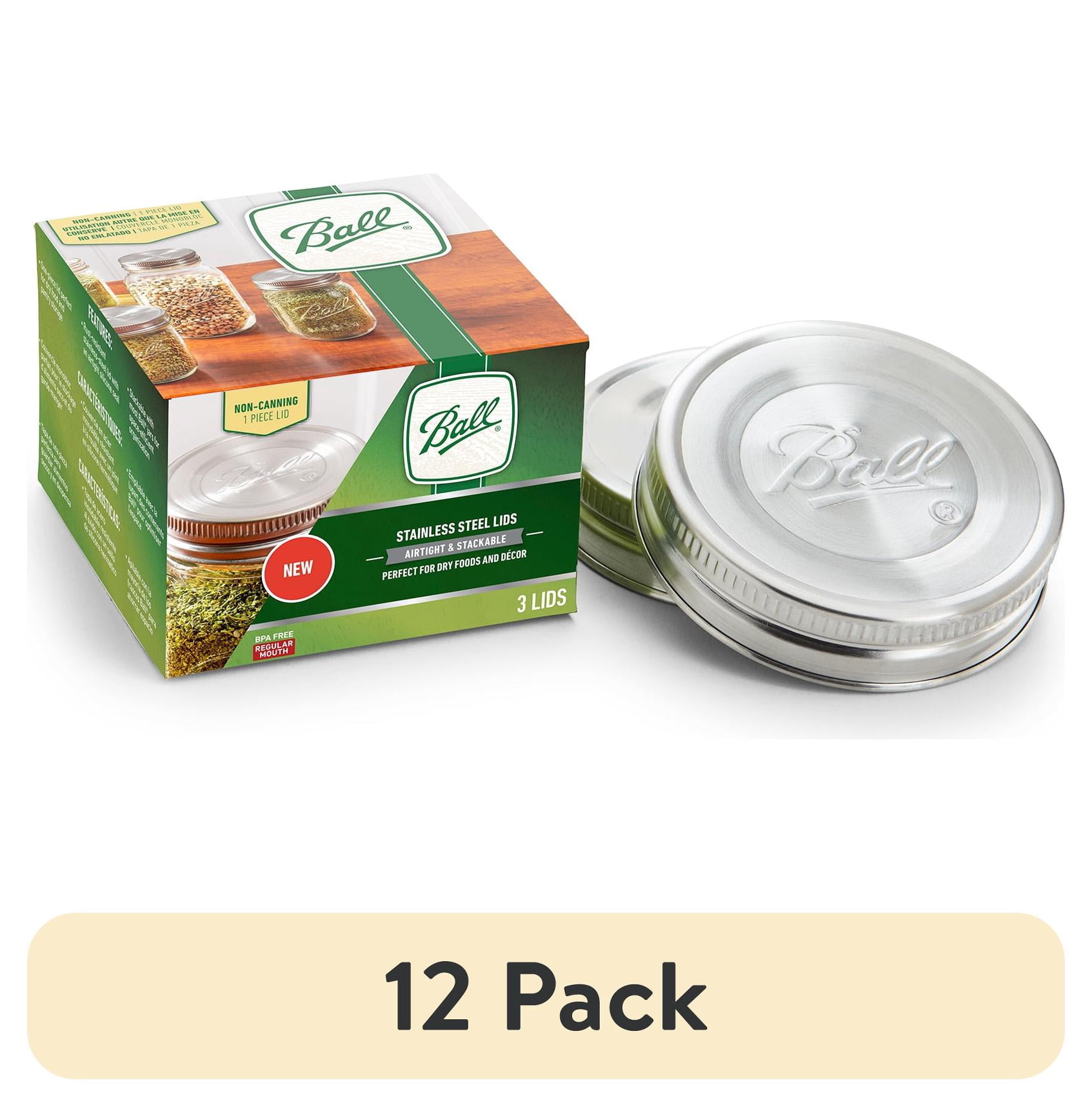 (12 pack) Ball 3-Pack Stainless Steel Mason Jar Lids - Regular Mouth, One-Piece Reusable Canning Jar Lids for Meal Prep and Pantry Storage, Fits Ball Regular Mouth Mason Jars