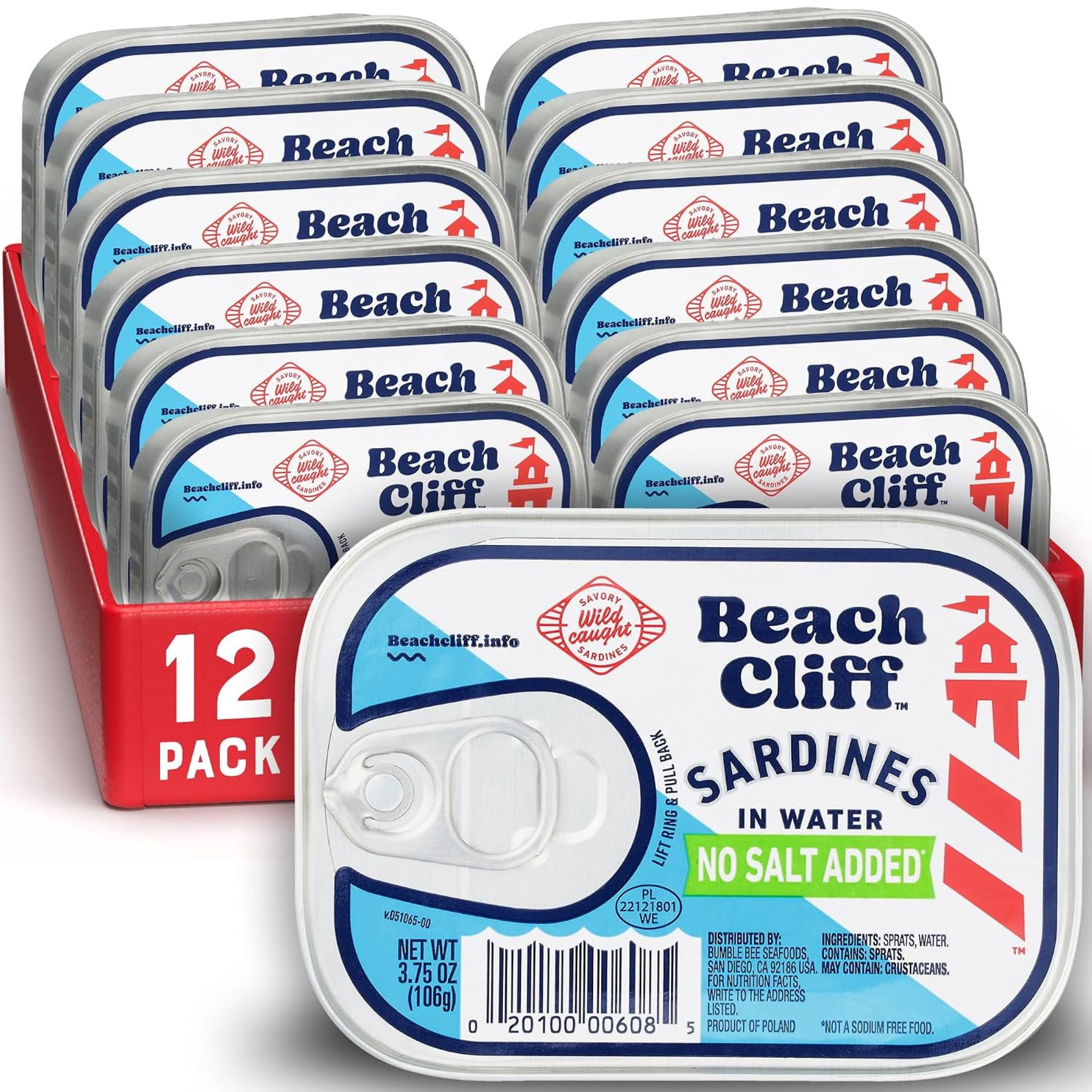 (12 pack) Beach Cliff Wild Caught Sardines in Water with No Salt Added, Gluten Free, 12g Protein Per Serving, Shelf Stable Tin Can, 3.75 oz