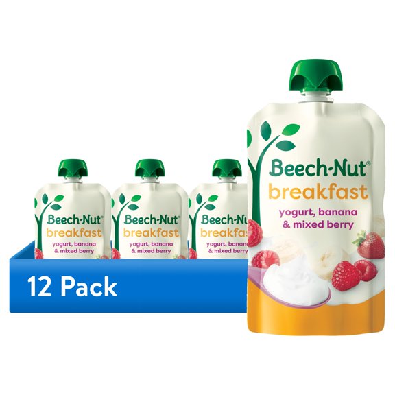 (12 pack) Beech-Nut Breakfast Stage 4 Toddler Food, Yogurt Banana & Berry, 3.5 oz Pouch