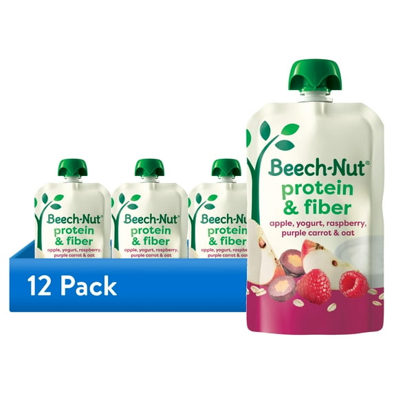 (12 pack) Beech-Nut Protein & Fiber Stage 4 Toddler Food, Apple Yogurt Raspberry Carrot Oats, 3.5oz