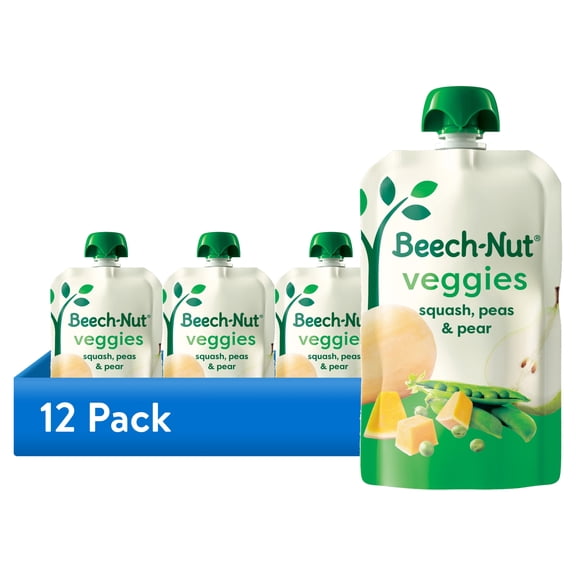 (12 pack) Beech-Nut Veggies Stage 2 Baby Food, Squash Peas & Pears, 3.5 oz Pouch