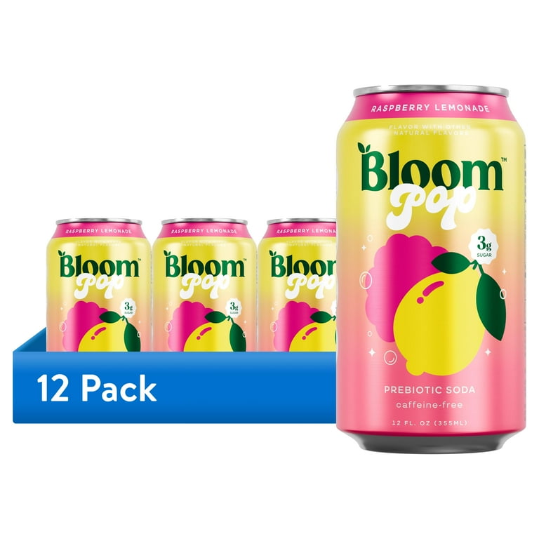 12 pack) Bloom Pop Prebiotic Soda, Raspberry Lemon, 12 fl oz Can