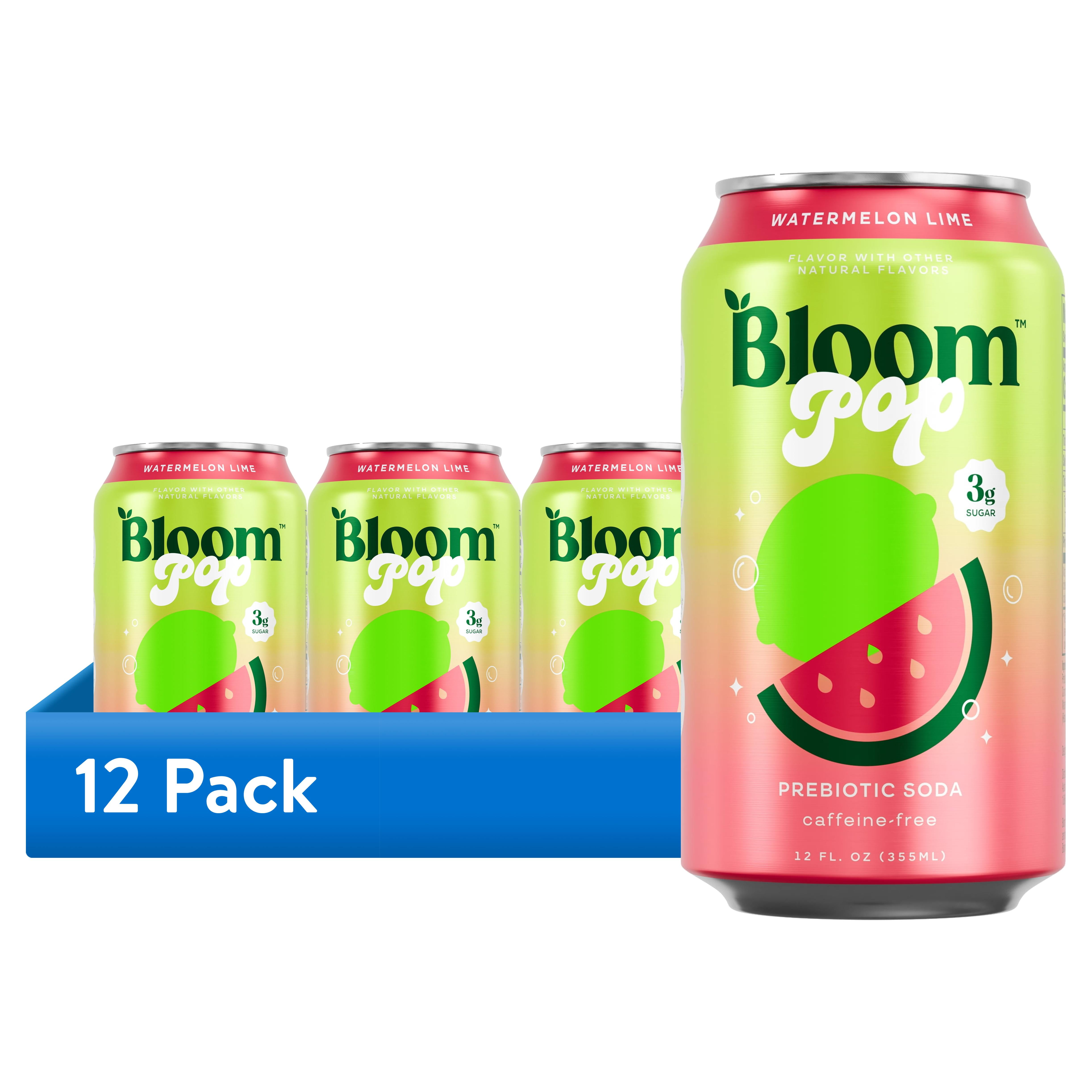 (12 pack) Bloom Nutrition Pop Prebiotic Soda, Watermelon Lime, 12 fl oz Can