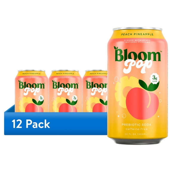 (12 pack) Bloom Nutrition Pop Prebiotic Soda, Peach Pineapple, 12 fl oz, Can