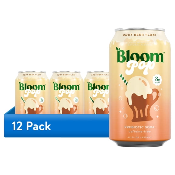 (12 pack) Bloom Nutrition Pop Prebiotic Soda, Root Beer Float, 12 fl oz, Can