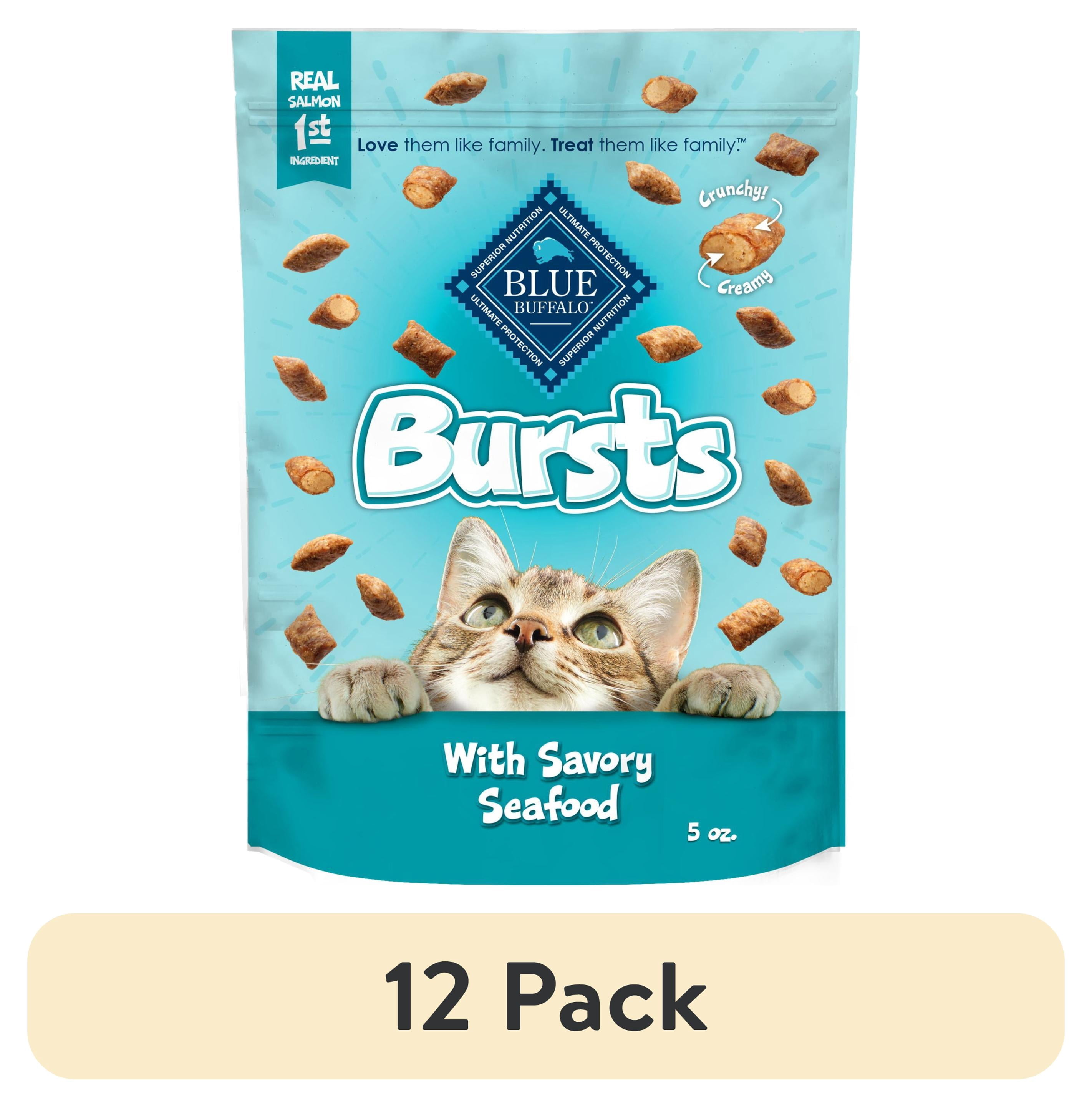 (12 pack) Blue Buffalo Bursts Crunchy & Creamy Cat Dry Treats, Great for Training, Seafood, 5-oz. Bag