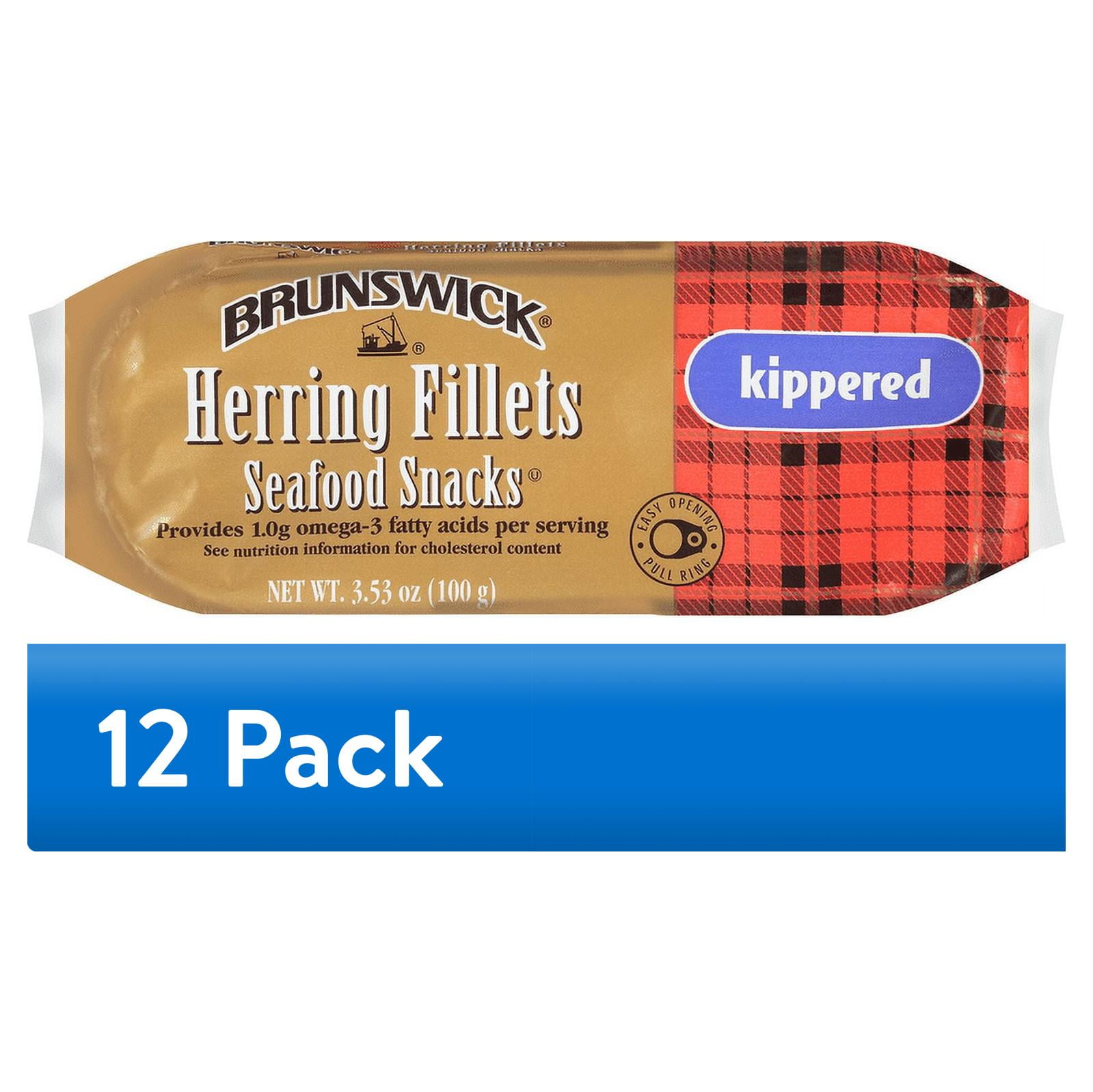 (12 pack) Brunswick Kippered Seafood Snack, Wild Caught Herring Fillets, Gluten Free, 18g Protein per Serving, Shelf Stable Tin Can, 3.53 oz