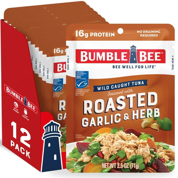(12 pack) Bumble Bee Roasted Garlic & Herb Seasoned Light Tuna, Wild Caught, Gluten Free, 16g Protein per Serving, Shelf Stable Pouch, 2.5 oz
