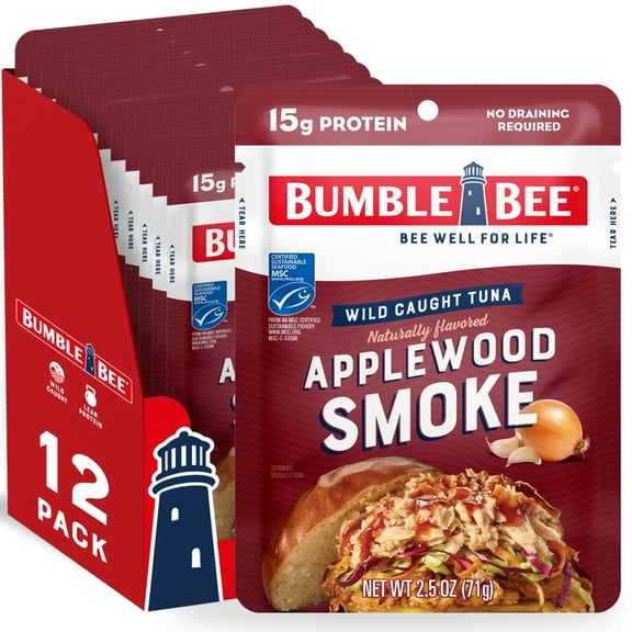 (12 pack) Bumble Bee Applewood Smoke Naturally Flavored Light Tuna, Wild Caught, Gluten Free, 15g Protein per Serving, Ready to Eat, Shelf Stable Pouch, 2.5 oz