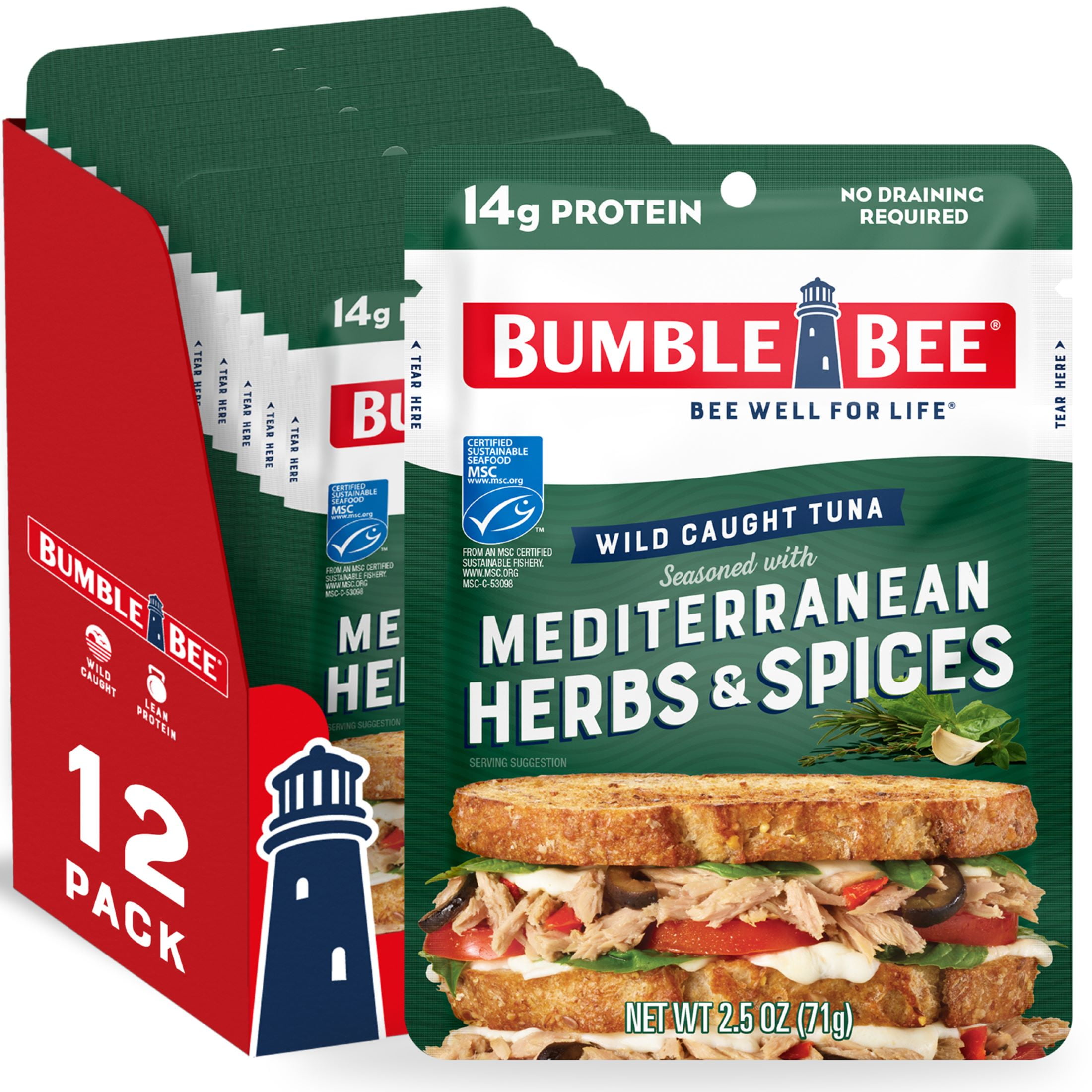 (12 pack) Bumble Bee Mediterranean Herbs & Spices Seasoned Light Tuna, Wild Caught, Gluten Free, 14g Protein per Serving, Ready to Eat, Shelf Stable Pouch, 2.5 oz