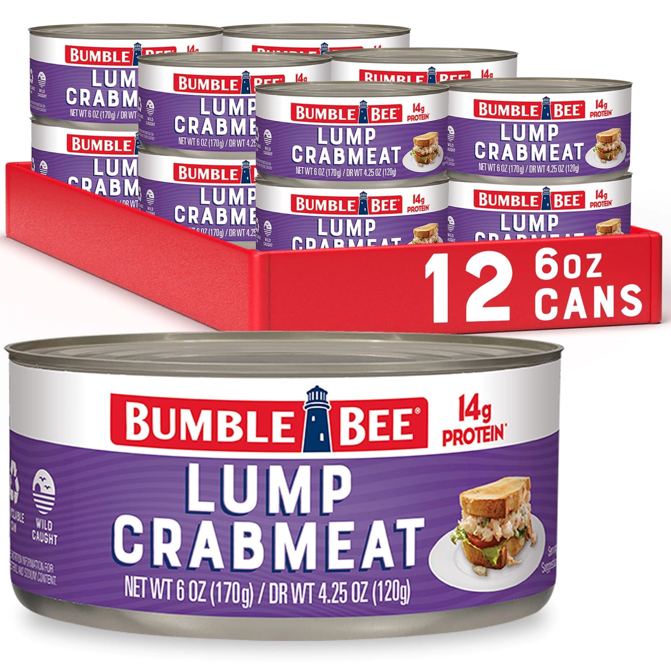 (12 pack) Bumble Bee Canned Lump Crabmeat, Wild Caught, 14g Protein per Serving, Shelf Stable Can, 6 oz