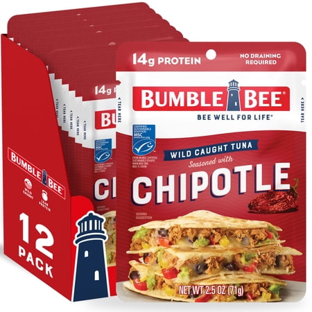 (12 pack) Bumble Bee Chipotle Seasoned Light Tuna, Wild Caught, Gluten Free, 14g Protein per Serving, Ready to Eat, Shelf Stable Pouch, 2.5 oz