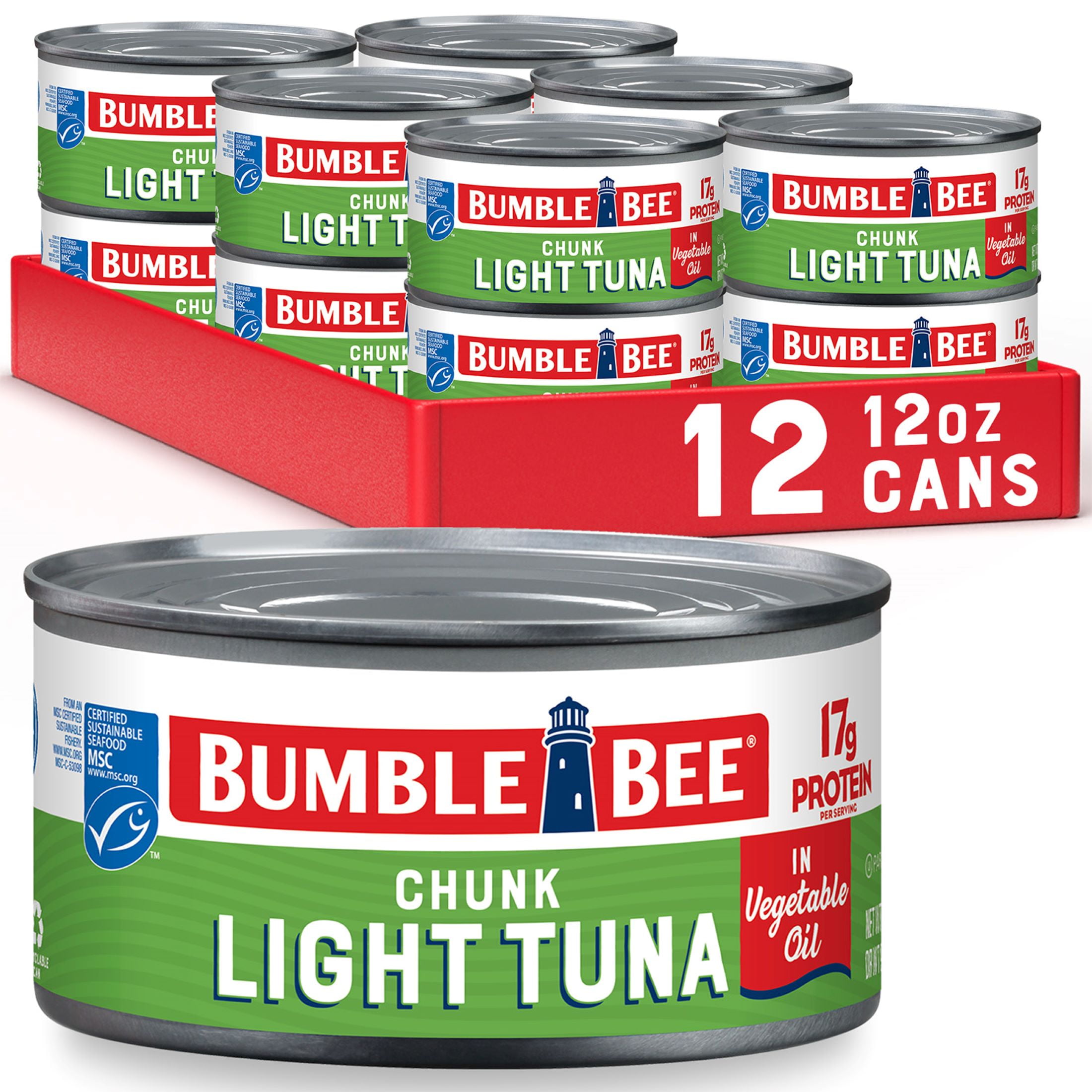 (12 pack) Bumble Bee Chunk Light Tuna in Vegetable Oil, Wild Caught Skipjack Tuna, Gluten Free, 17g Protein Per Serving, Shelf Stable Can, 12 oz
