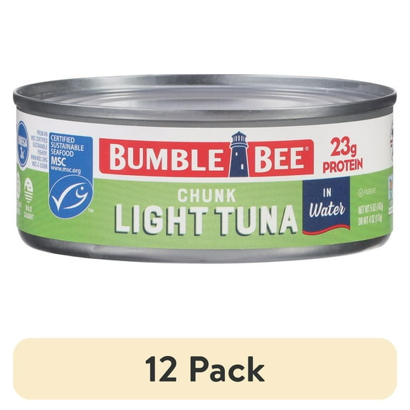 (12 pack) Bumble Bee Chunk Light Tuna in Water, Wild Caught Skipjack Tuna, Gluten Free, 23g Protein Per Serving, Non-GMO, Shelf Stable Can, 5 oz
