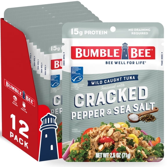 (12 pack) Bumble Bee Cracked Pepper & Sea Salt Seasoned Light Tuna, Wild Caught, Gluten Free, 15g Protein per Serving, Shelf Stable Pouch, 2.5 oz