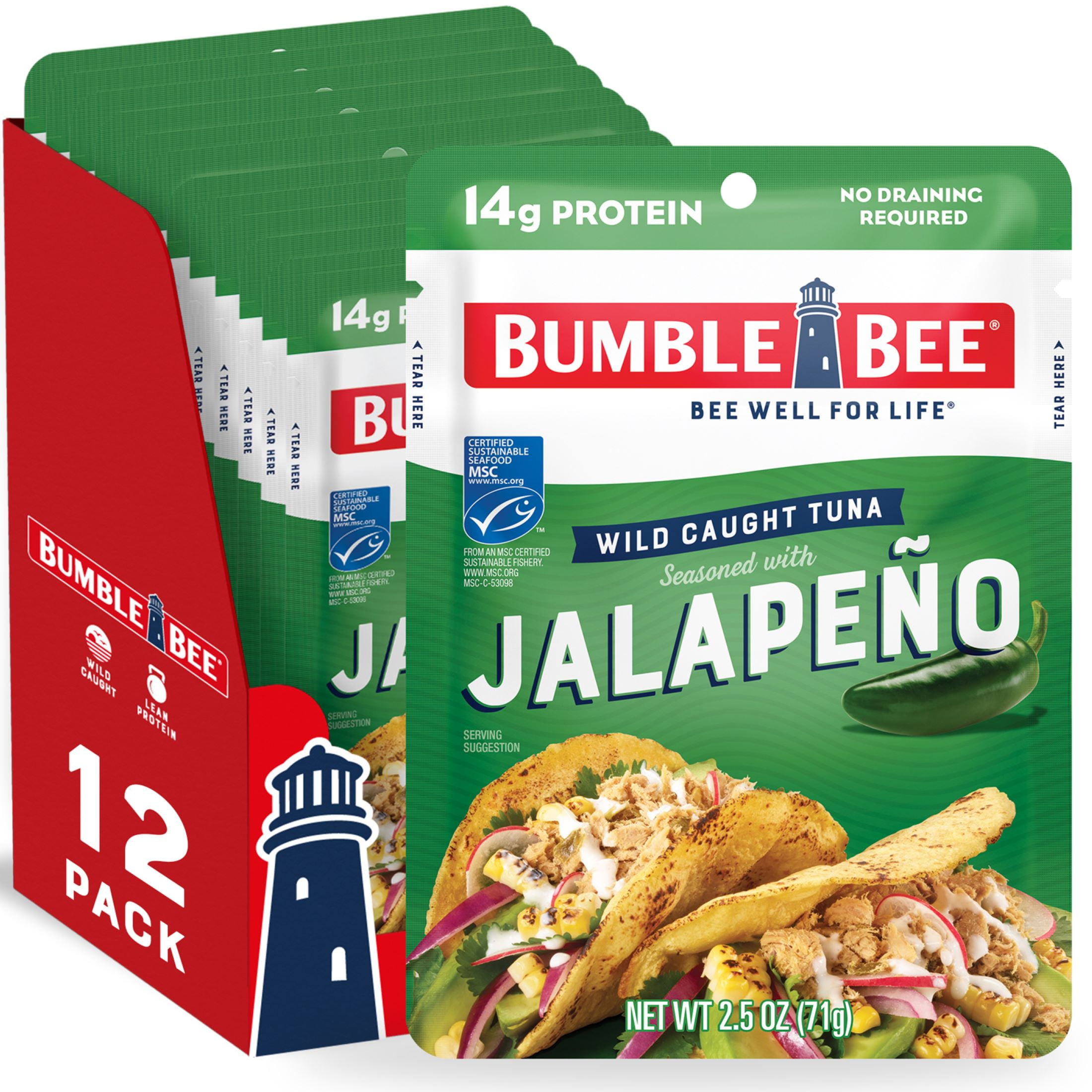 (12 pack) Bumble Bee Jalapeno Seasoned Light Tuna, Wild Caught, Gluten Free, 14g Protein per Serving, Ready to Eat, Shelf Stable Pouch, 2.5 oz