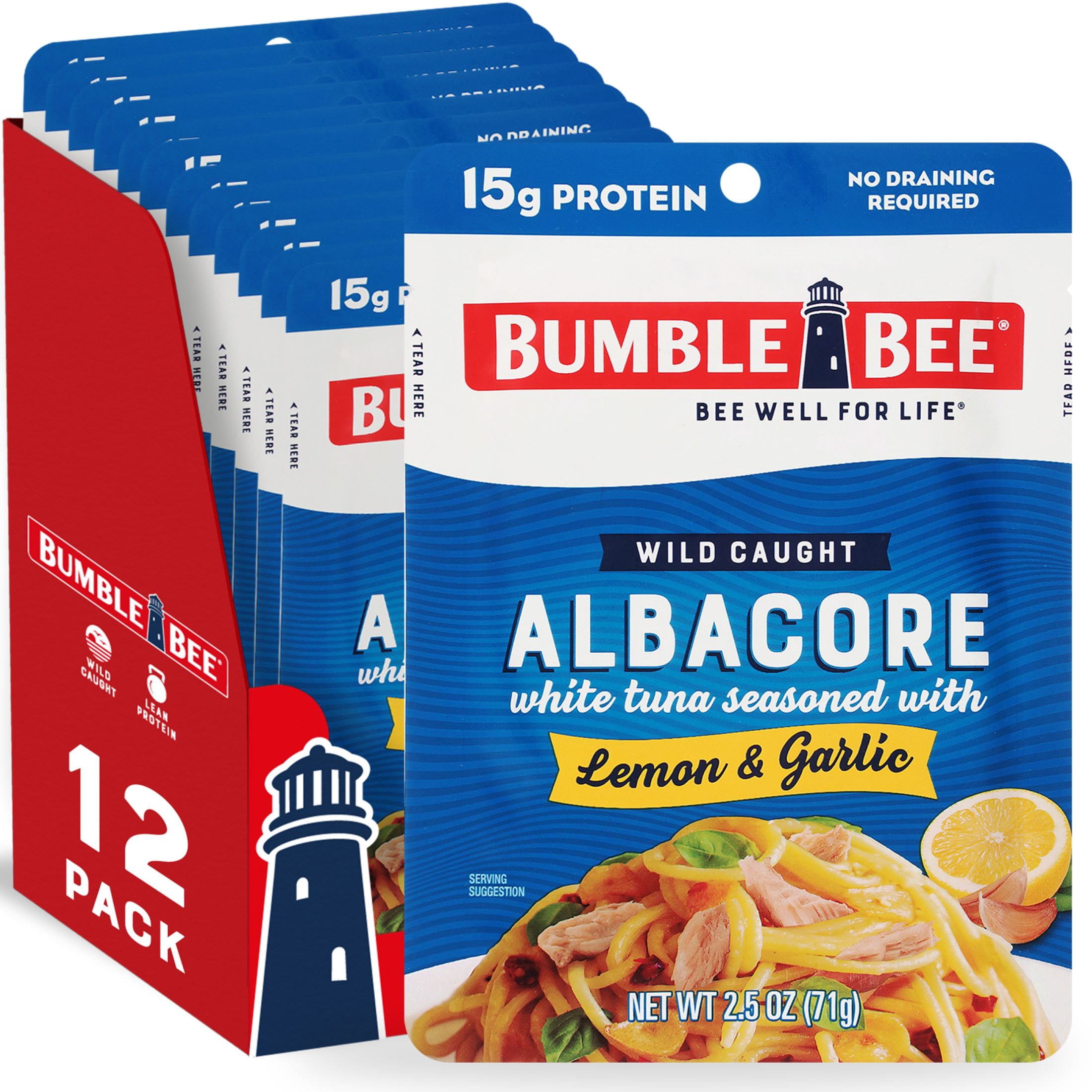 (12 pack) Bumble Bee Lemon & Garlic Seasoned Albacore Tuna in Water, Ready to Eat, 2.5 oz Pouch