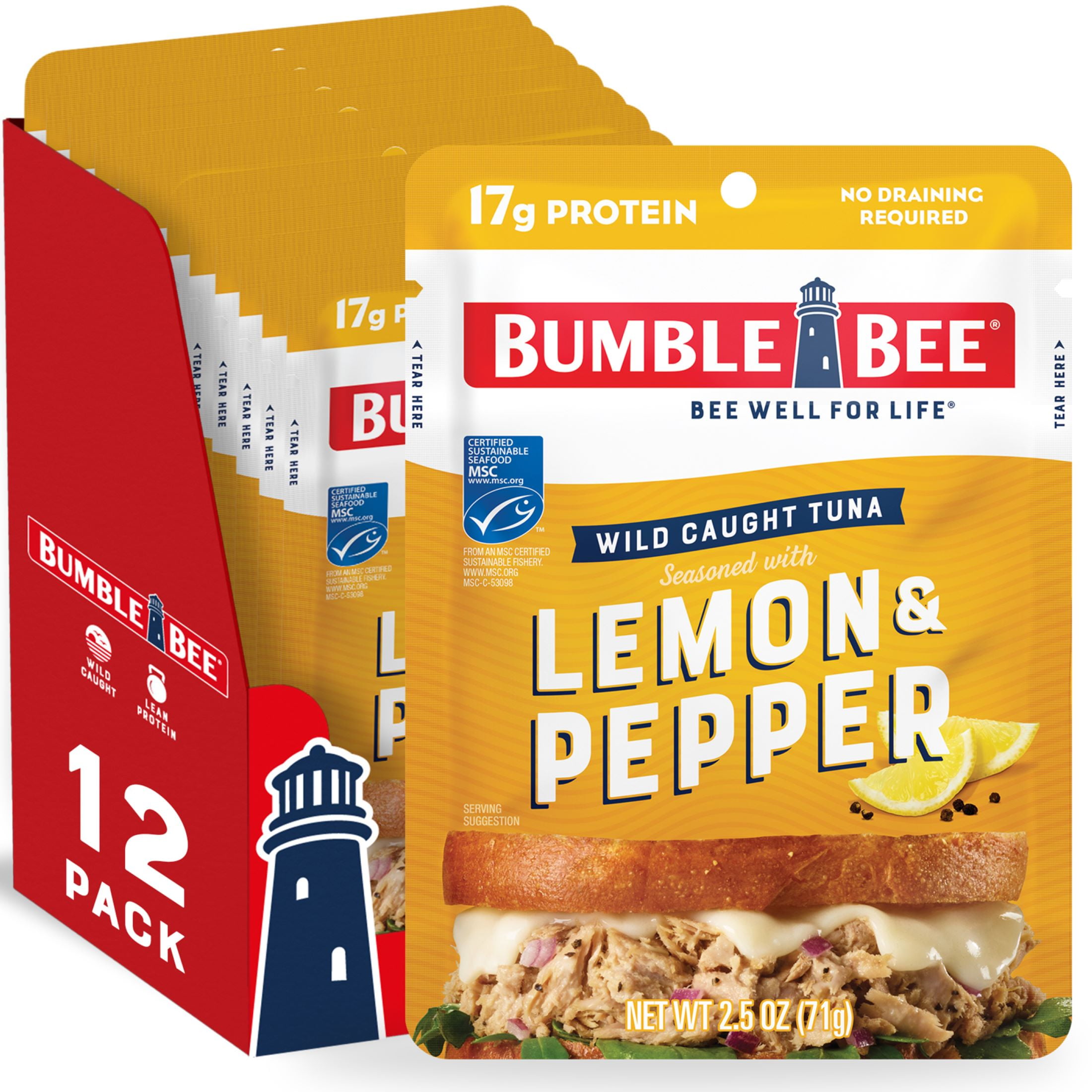 (12 pack) Bumble Bee Lemon & Pepper Seasoned Tuna, Wild Caught, Ready to Eat, Gluten Free, 17g of Protein per Serving, Shelf Stable Pouch, 2.5 oz