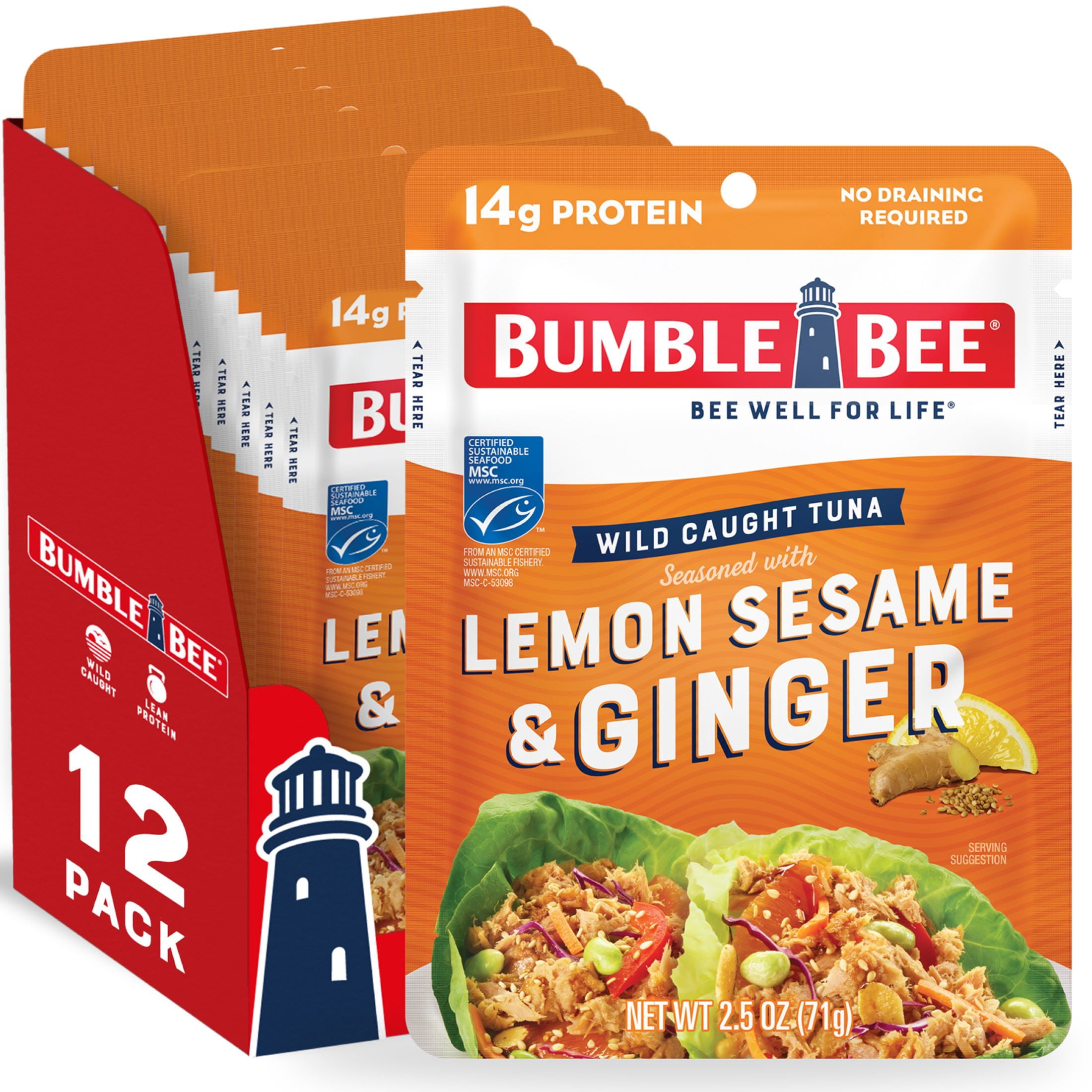 (12 pack) Bumble Bee Lemon Sesame & Ginger Seasoned Light Tuna, Wild Caught, Ready to Eat, 14g Protein per Serving, Shelf Stable Pouch, 2.5 oz
