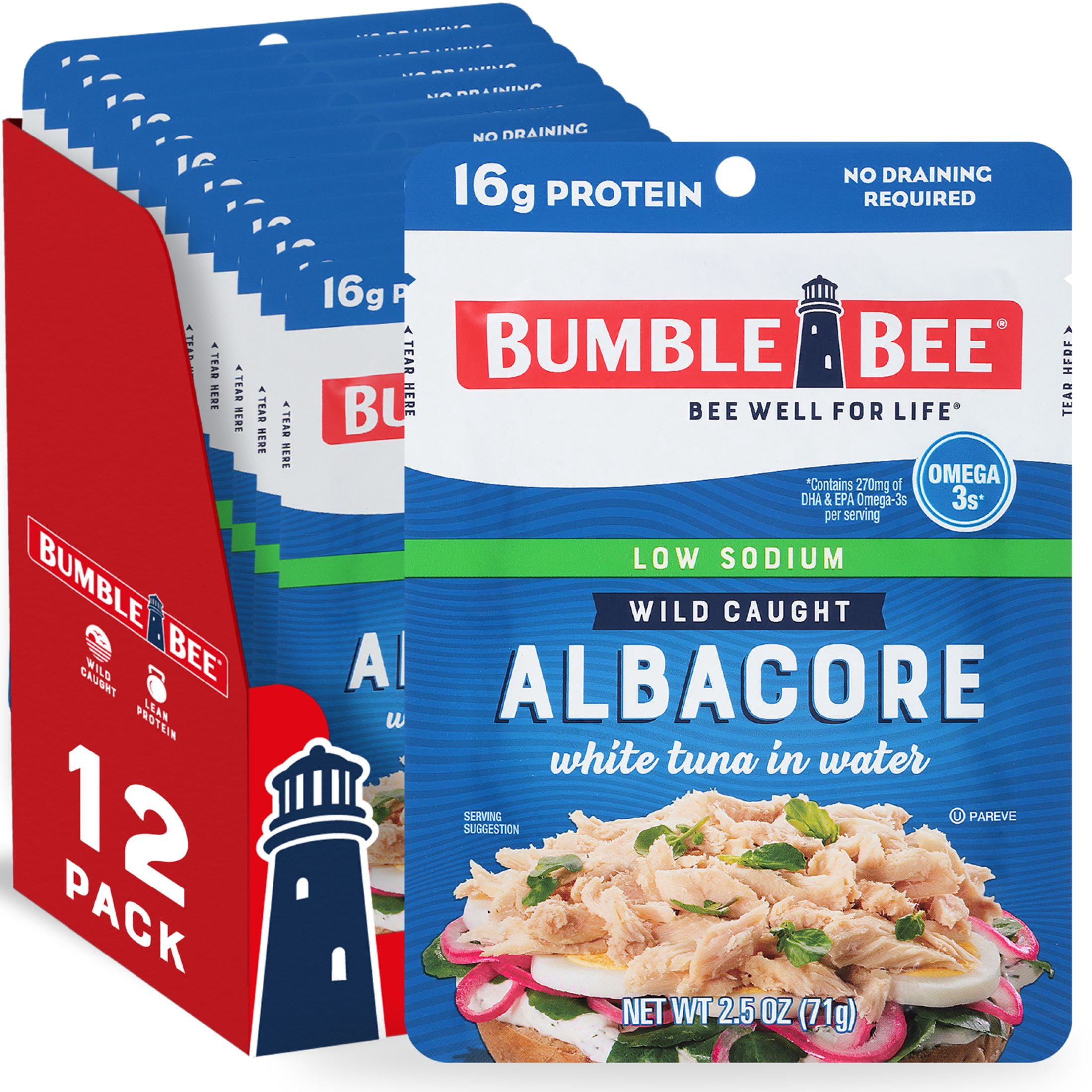 (12 pack) Bumble Bee Low Sodium Chunk White Albacore Tuna in Water, Wild Caught, Gluten Free, 16g Protein per Serving, Shelf Stable Pouch, 2.5 oz
