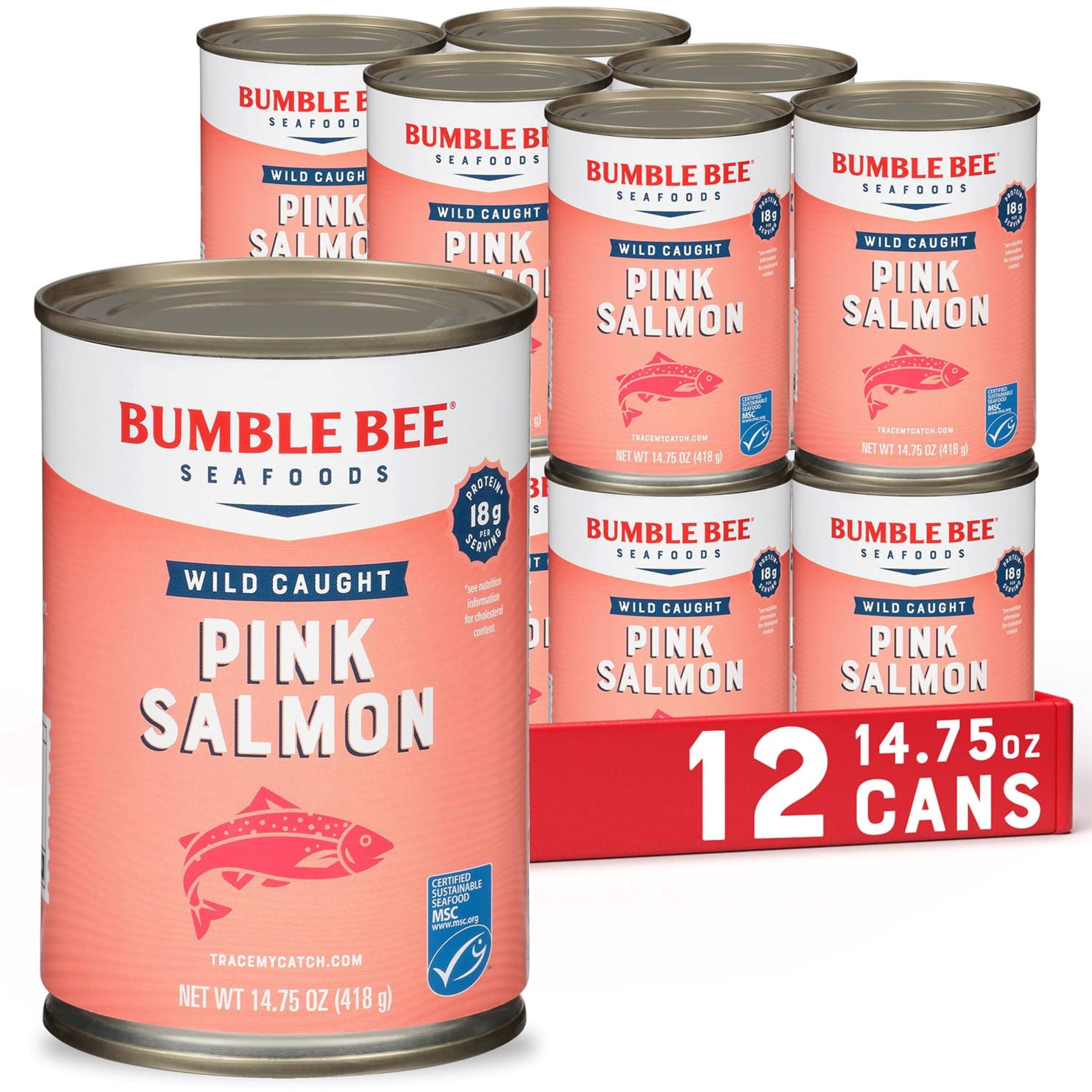 (12 pack) Bumble Bee Pink Salmon, Wild Caught, Gluten Free, 18g Protein per Serving, Ready to Eat, Shelf Stable Can, 14.75oz