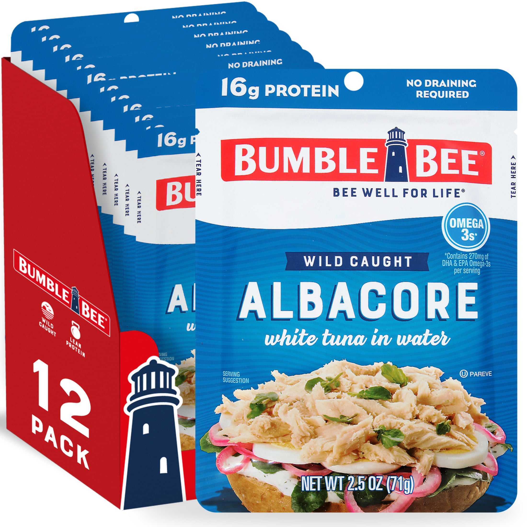 (12 pack) Bumble Bee Chunk White Albacore Tuna in Water, Wild Caught, Gluten Free, 16g Protein per Serving, Ready to Eat, Shelf Stable Pouch, 2.5 oz