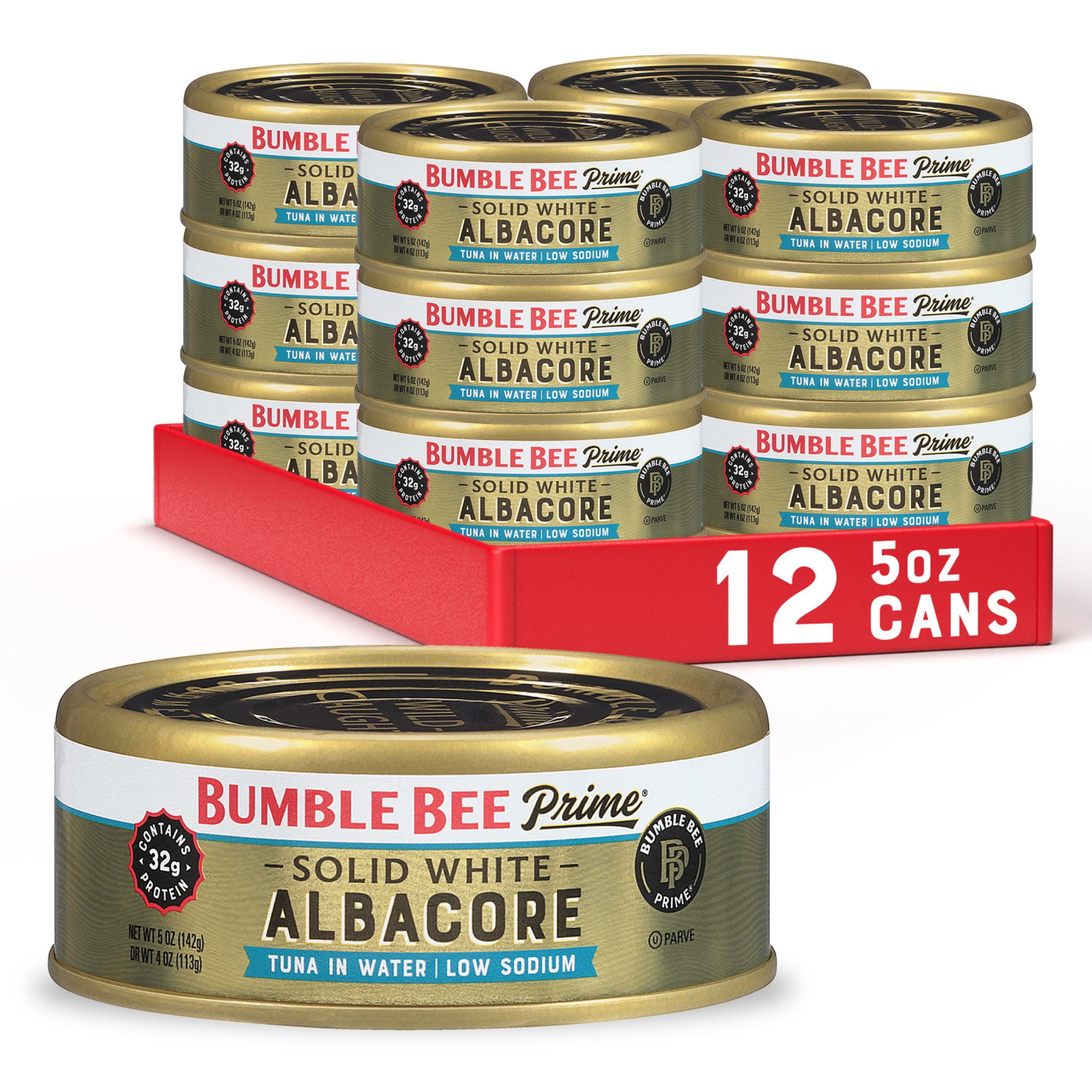 (12 pack) Bumble Bee Prime Fillet Low Sodium Solid White Albacore Tuna in Water, Wild Caught, Gluten Free, 32g Protein per Serving, Shelf Stable Can, 5oz