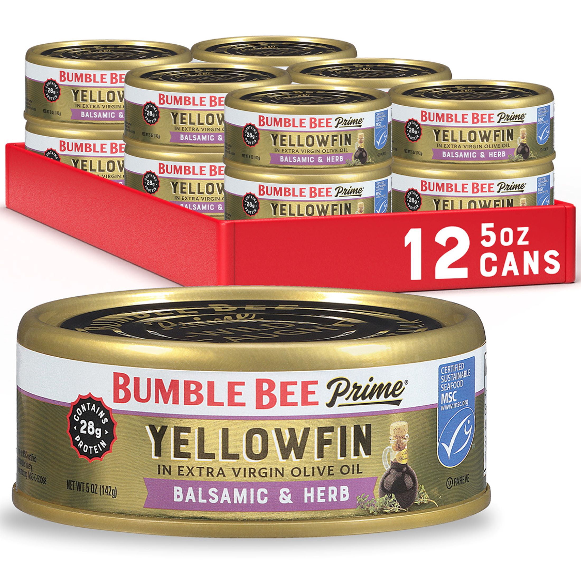 (12 pack) Bumble Bee Prime Balsamic and Herb Yellowfin Tuna in Extra Virgin Olive Oil, Wild Caught, Gluten Free, 28g Protein per Serving, Kosher, Shelf Stable Can, 5 oz