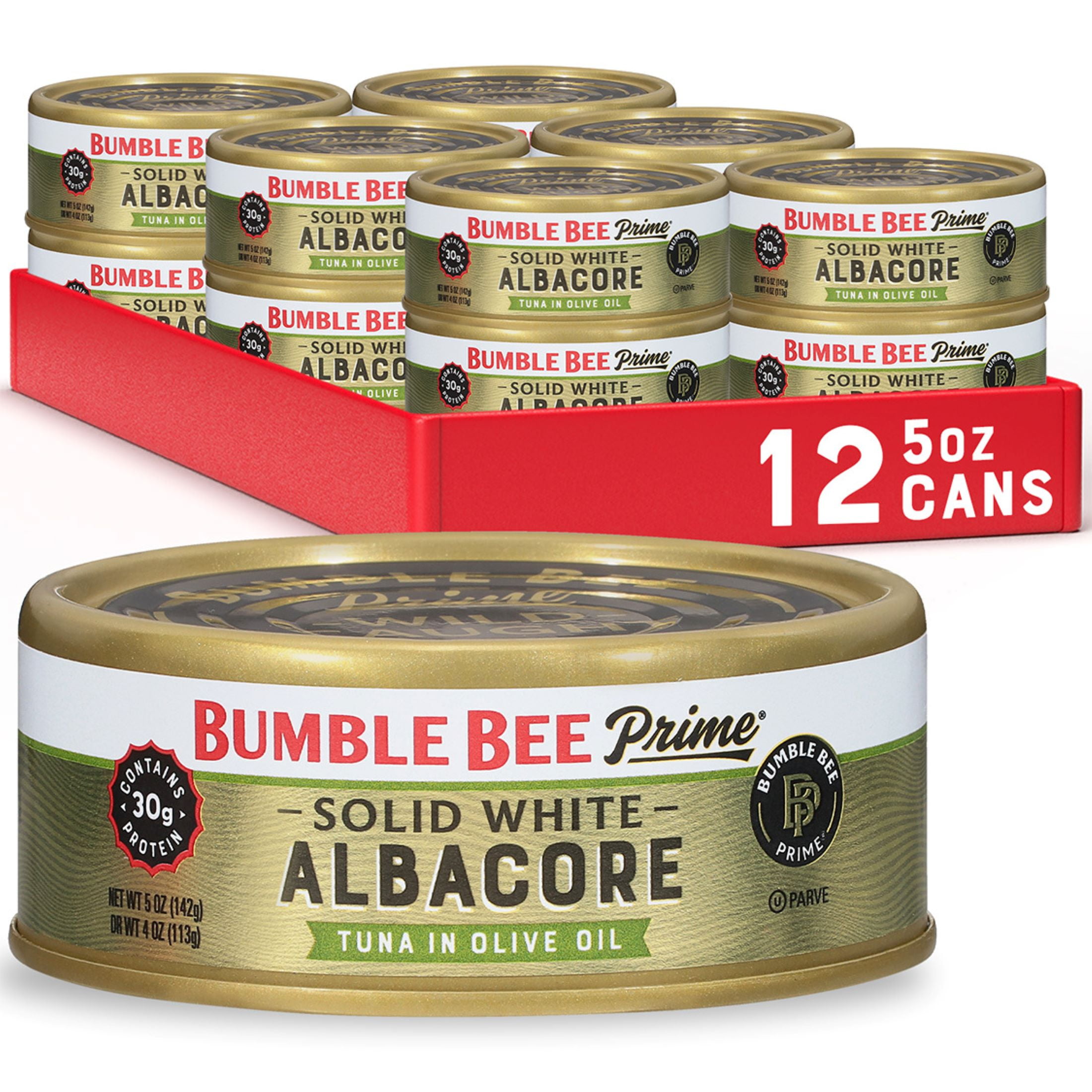 (12 pack) Bumble Bee Prime Solid White Albacore Tuna in Olive Oil, Wild Caught, Gluten Free, 30g Protein per Serving, Shelf Stable Can, 5 oz