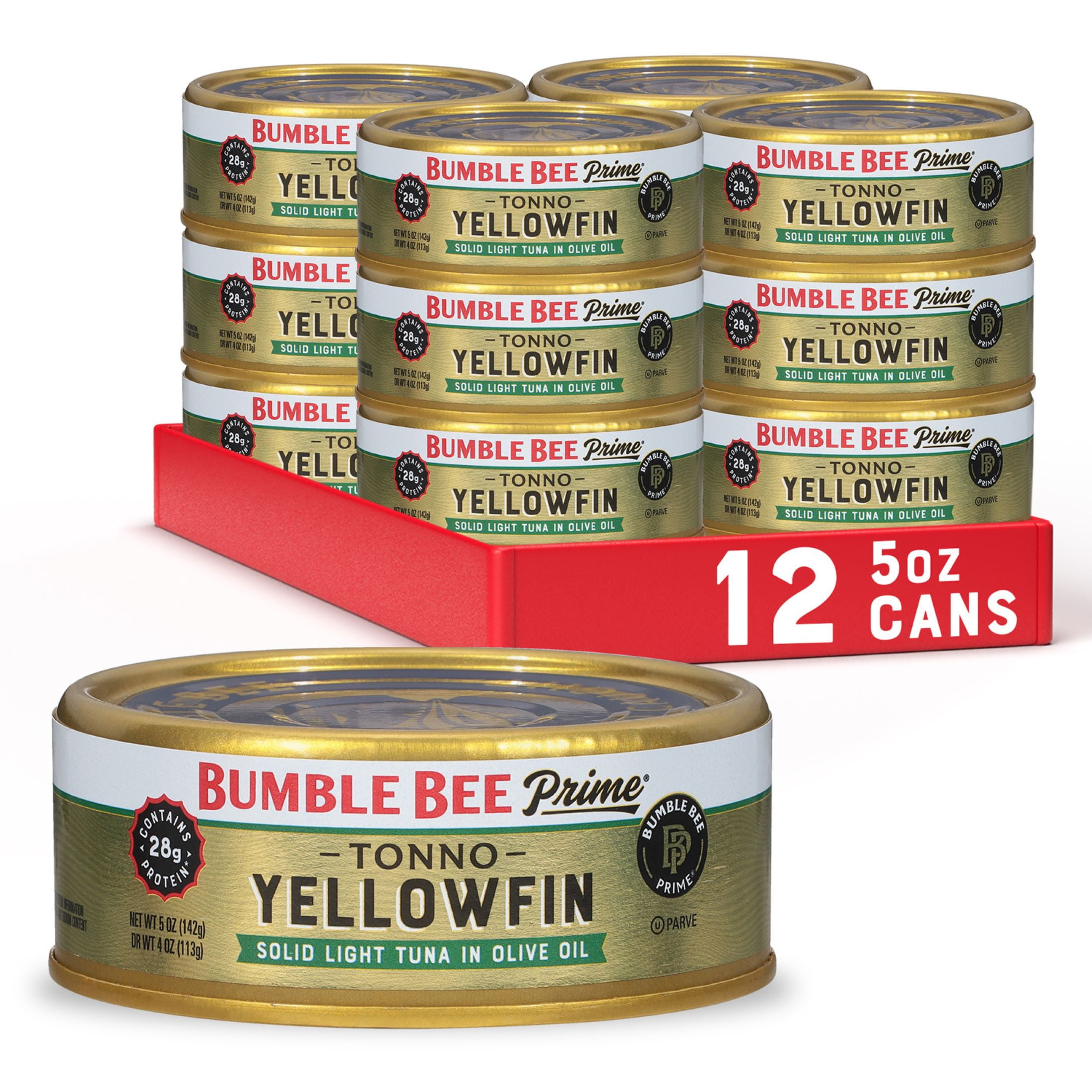 (12 pack) Bumble Bee Prime Tonno Yellowfin Tuna in Olive Oil, Wild Caught, Gluten Free, 28g Protein per Serving, Shelf Stable Can, 5 oz