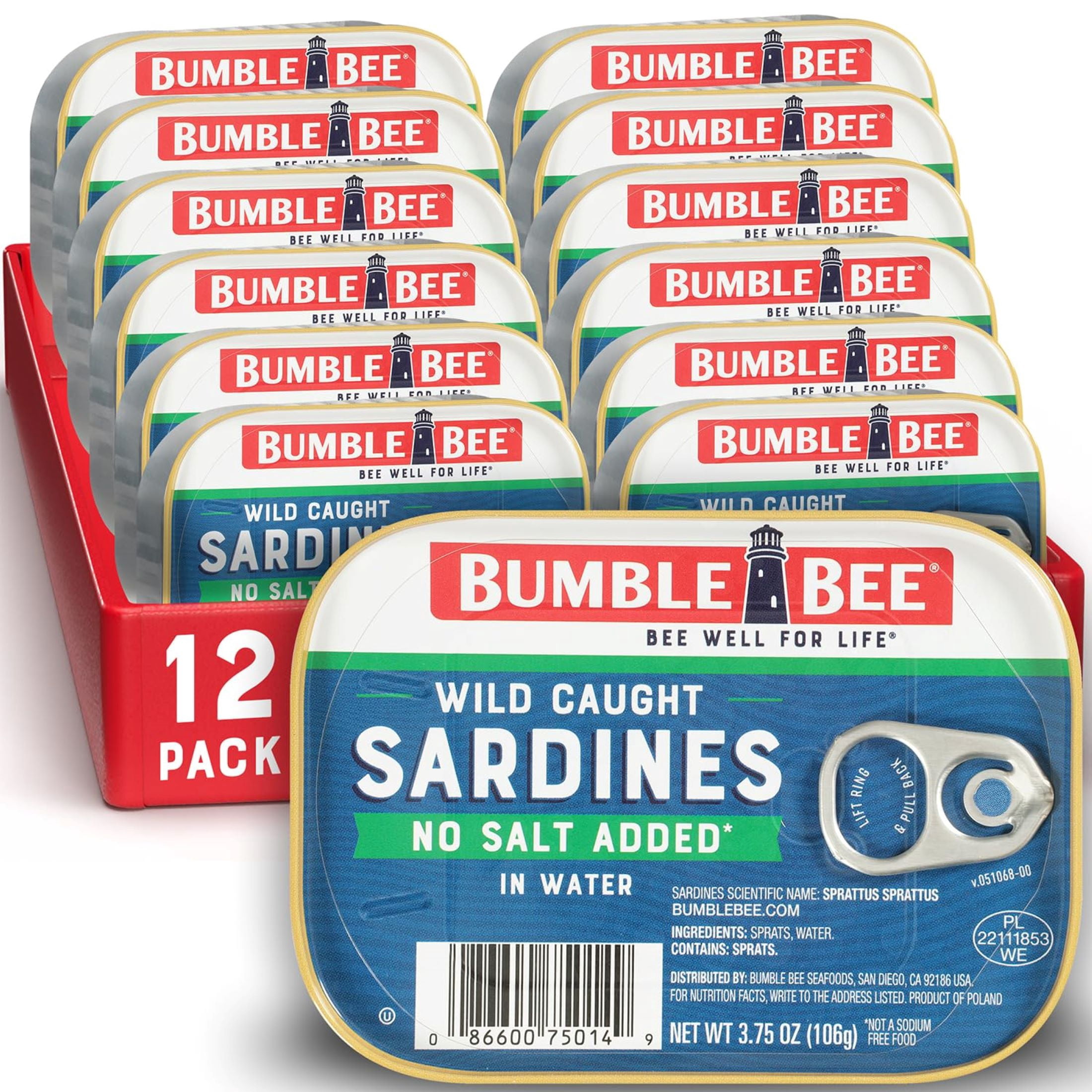(12 pack) Bumble Bee Sardines in Water with No Salt Added, Wild Caught, Gluten Free, 12g Protein per Serving, Shelf Stable Tin Can, 3.75 oz