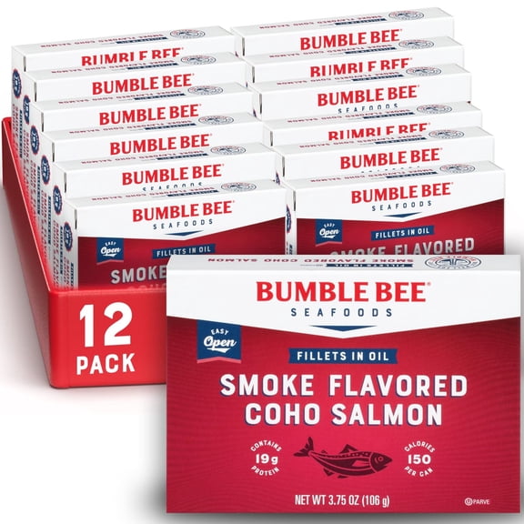 (12 pack) Bumble Bee Smoke Flavored Coho Salmon Fillets in Oil, Gluten Free, 19g Protein per Serving, Shelf Stable, 3.75 oz
