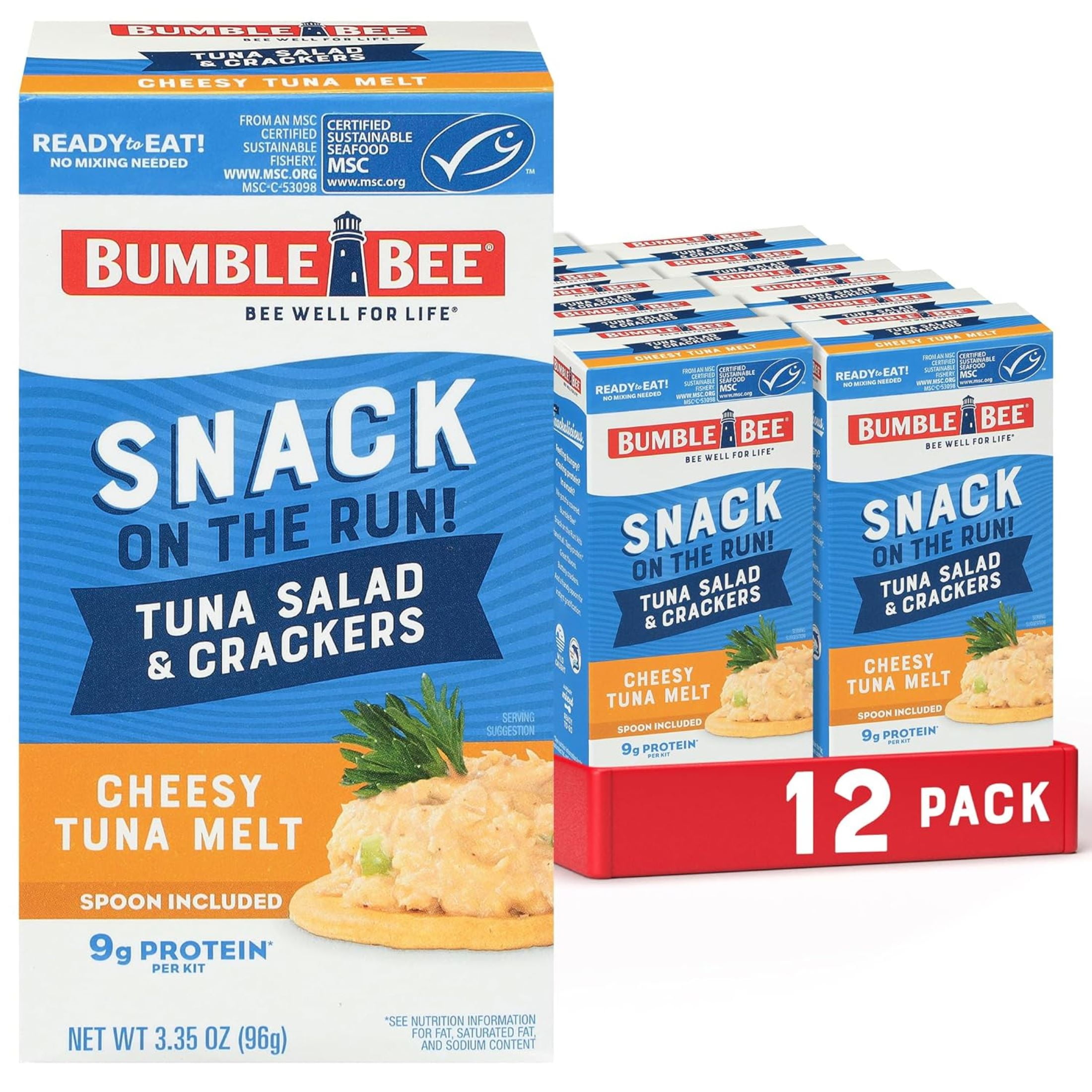 (12 pack) Bumble Bee Snack on The Run Cheesy Tuna Melt with Crackers Kit, 9g Protein Per Serving, Ready to Eat, Spoon Included, Shelf Stable Box, 3.35 oz