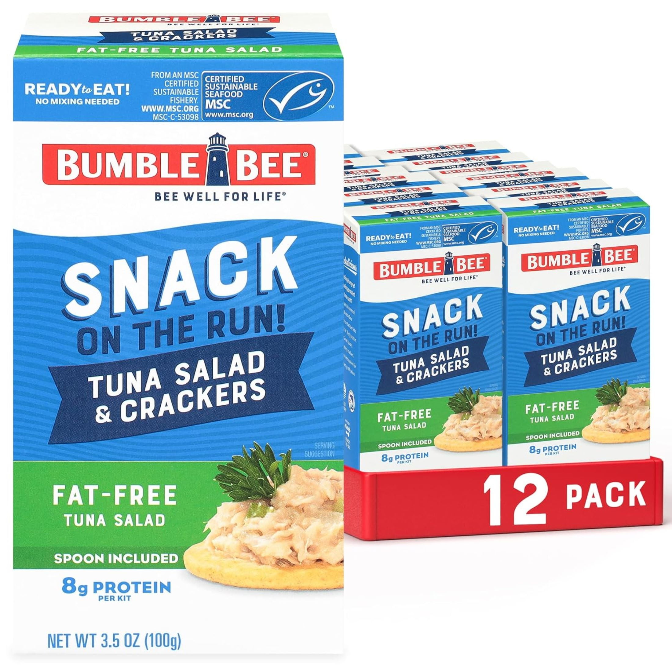 (12 pack) Bumble Bee Snack on The Run Fat Free Tuna Salad with Crackers Kit, 8g Protein Per Serving, Ready to Eat, Spoon Included, Shelf Stable Box, 3.5 oz