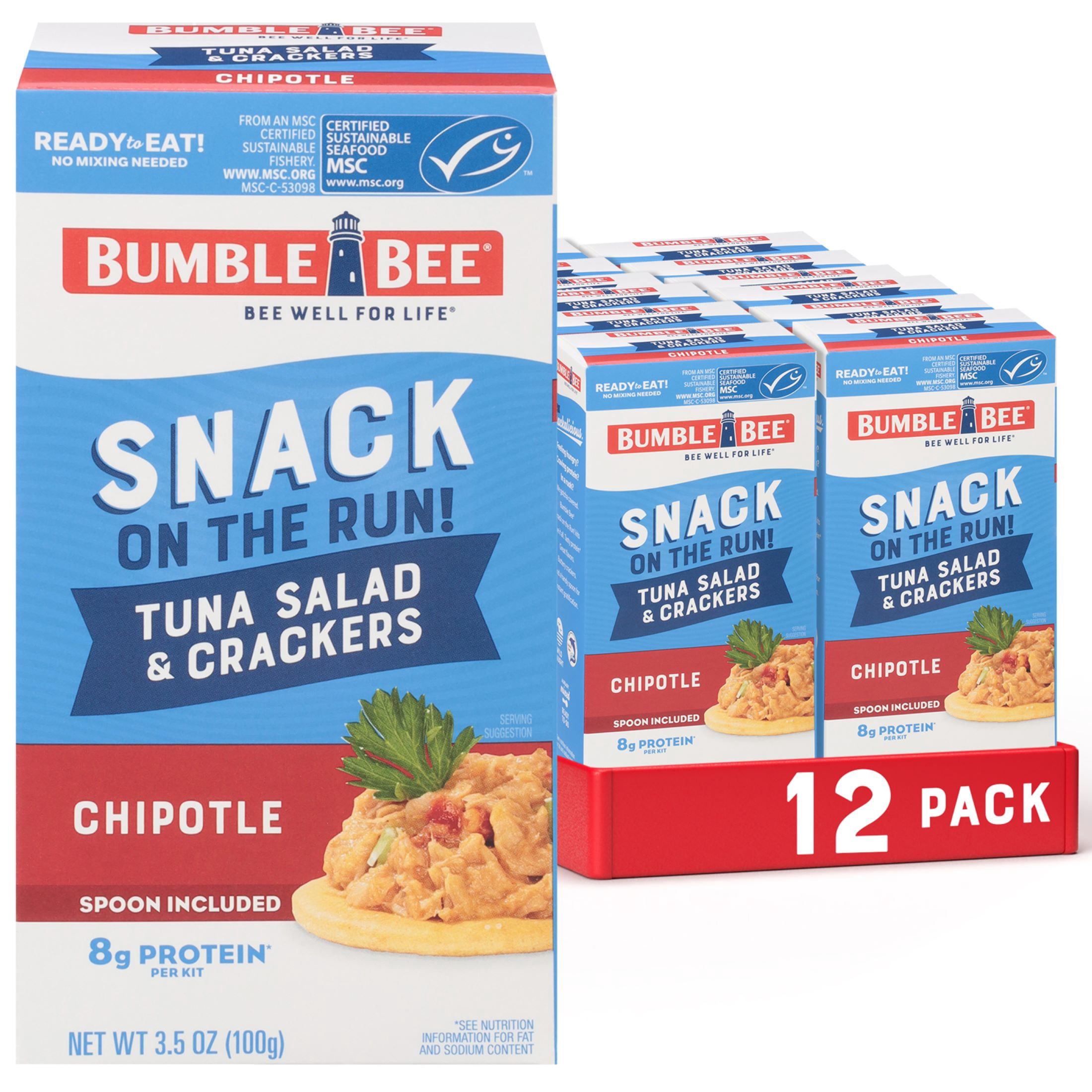 (12 pack) Bumble Bee Snack on The Run Chipotle Flavored Tuna Salad with Crackers Kit, 8g Protein per Serving, Ready to Eat, Shelf Stable Box, 3.5 oz