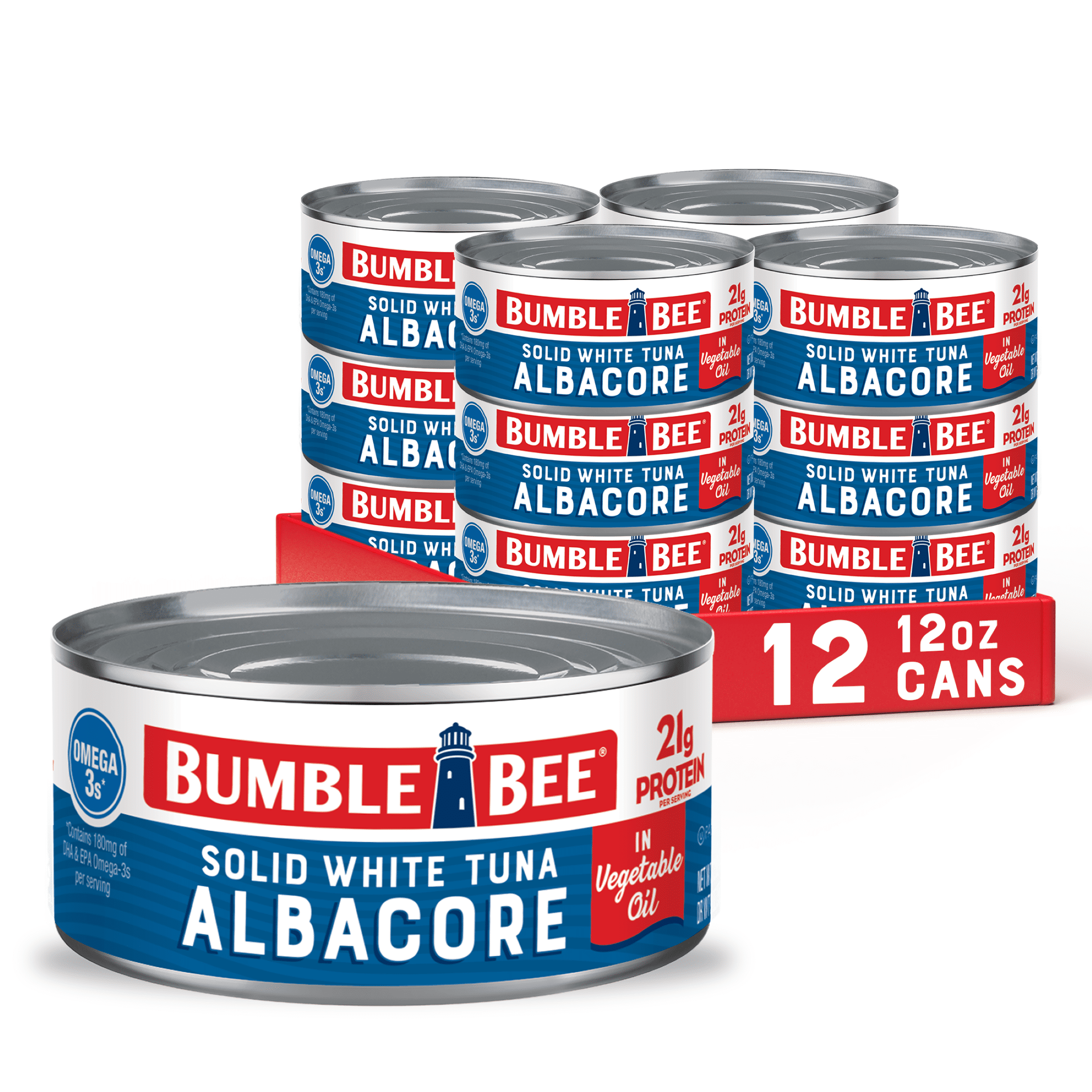 (12 pack) Bumble Bee Solid White Albacore Tuna in Oil, Wild Caught, Gluten Free, 21g Protein per Serving, Shelf Stable Can, 12 oz