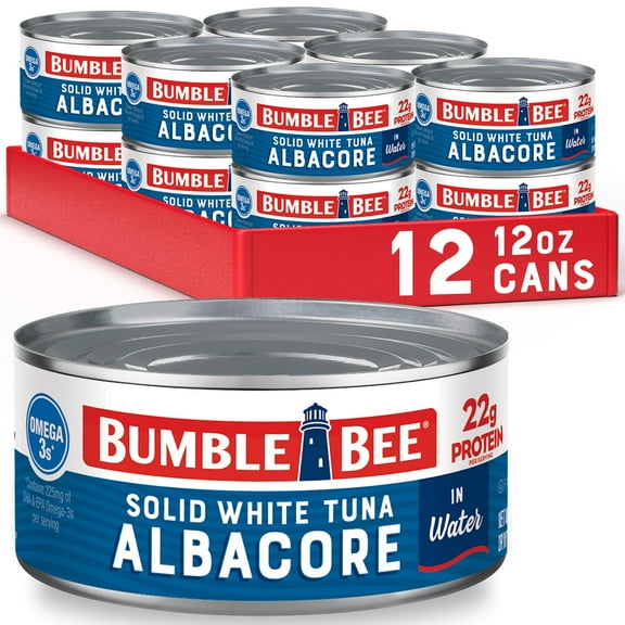 (12 pack) Bumble Bee Solid White Albacore Tuna in Water, Wild Caught, Gluten Free, 22g Protein per Serving, Ready to Eat, Shelf Stable Can, 12 oz