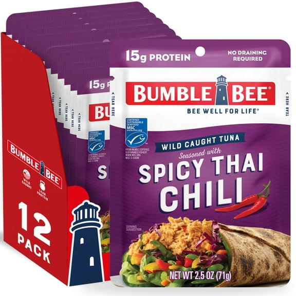 (12 pack) Bumble Bee Spicy Thai Chili Seasoned Light Tuna, Wild Caught, Gluten Free, 15g Protein Per Serving, Shelf Stable Pouch, 2.5 oz