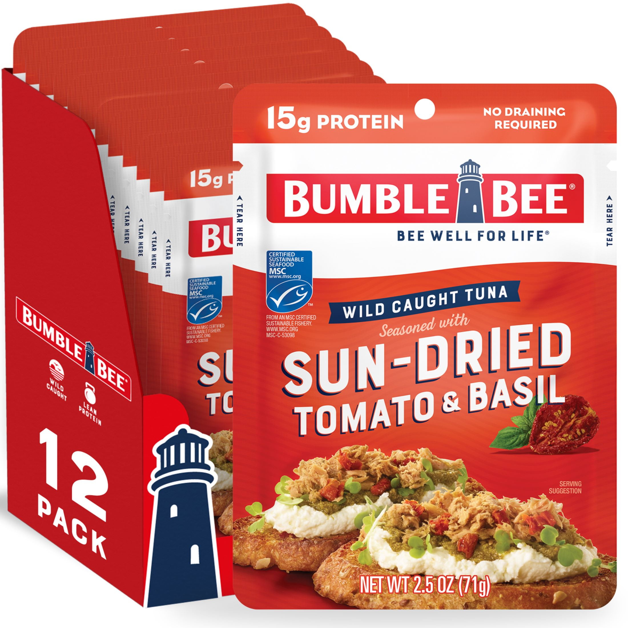 (12 pack) Bumble Bee Sun-Dried Tomato & Basil Seasoned Light Tuna, Wild Caught, Gluten Free, 15g Protein per Serving, Ready to Eat, Shelf Stable Pouch, 2.5 oz